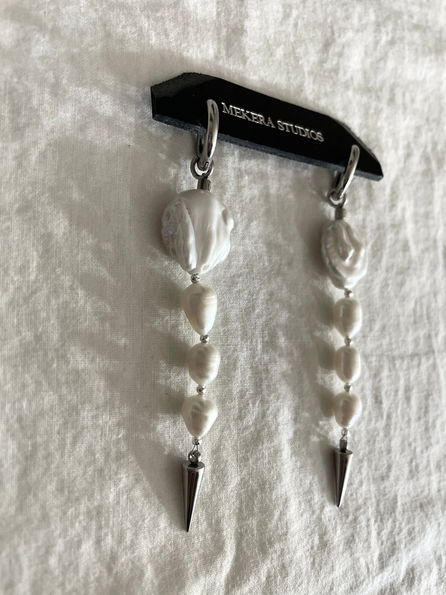 Ear Couture collection Baroque Pearl Spike earrings long chain drop EC-12 Limited Edition Handcrafted - MEKERA STUDIOS