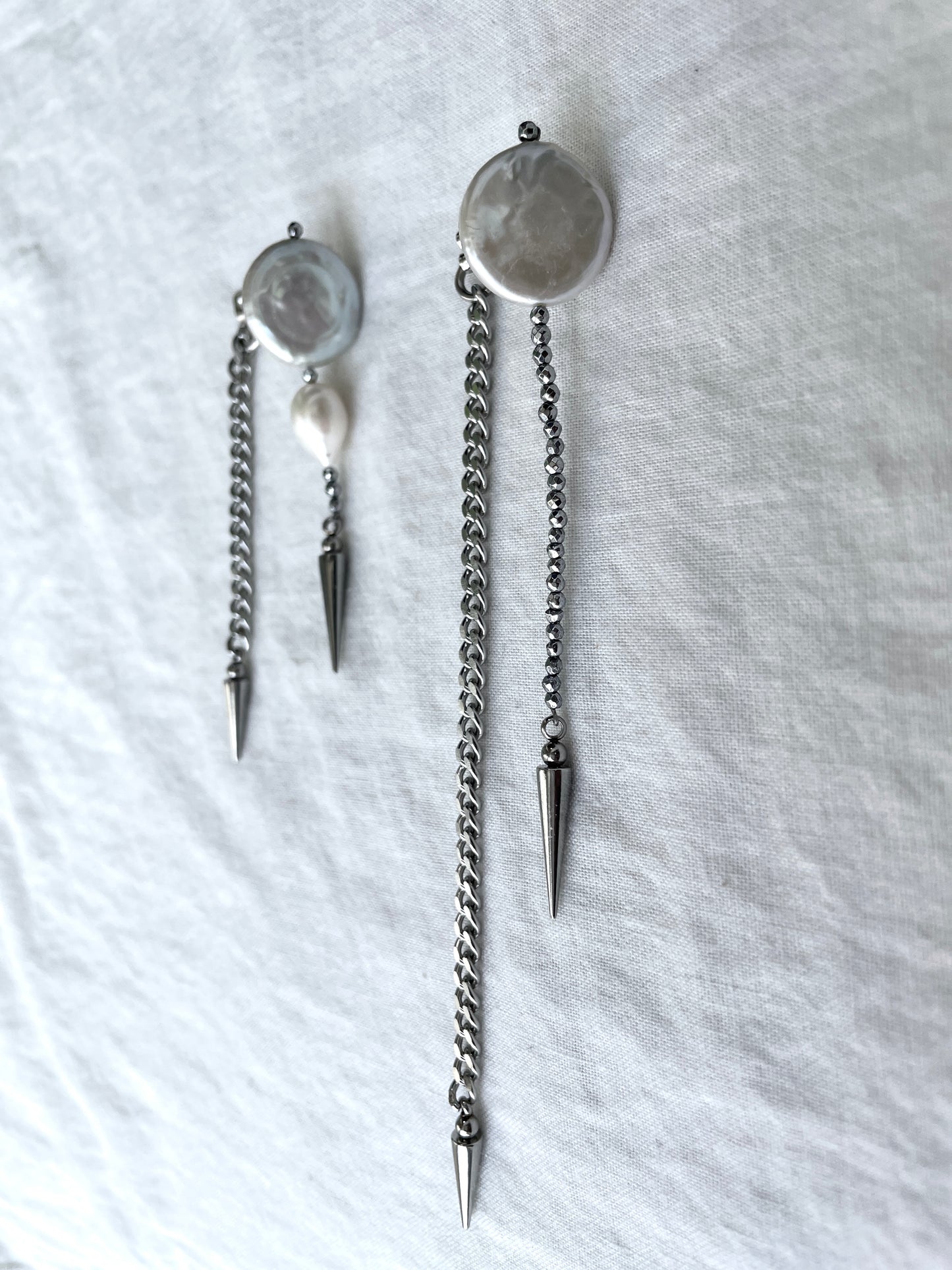 4 single earrings Extra long chain drop Pearl Spike MXE4 Limited Edition Handcrafted bodychain - MEKERA STUDIOS