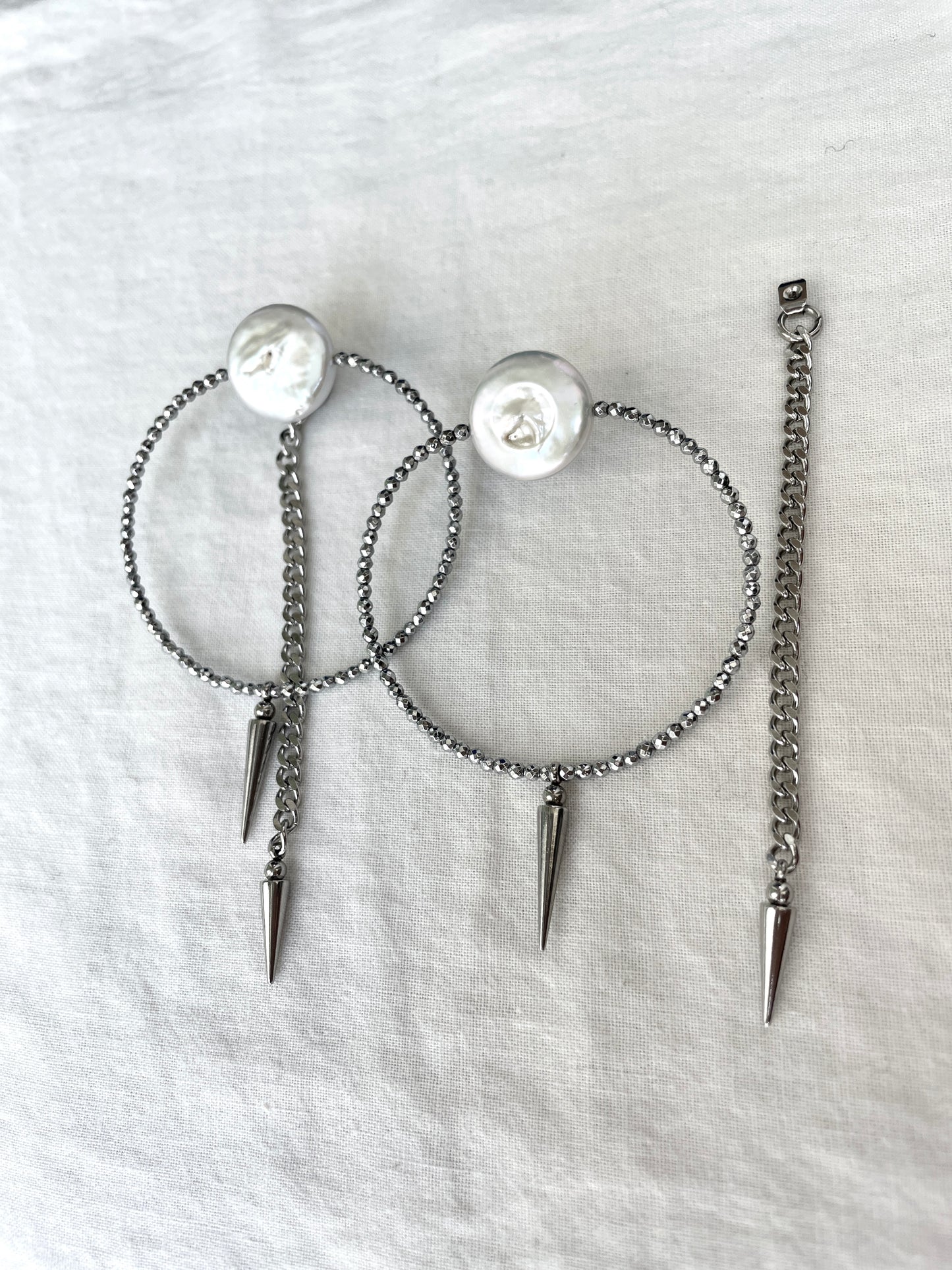 4 single earrings Extra long chain drop Pearl Spike MXE4 Limited Edition Handcrafted bodychain - MEKERA STUDIOS