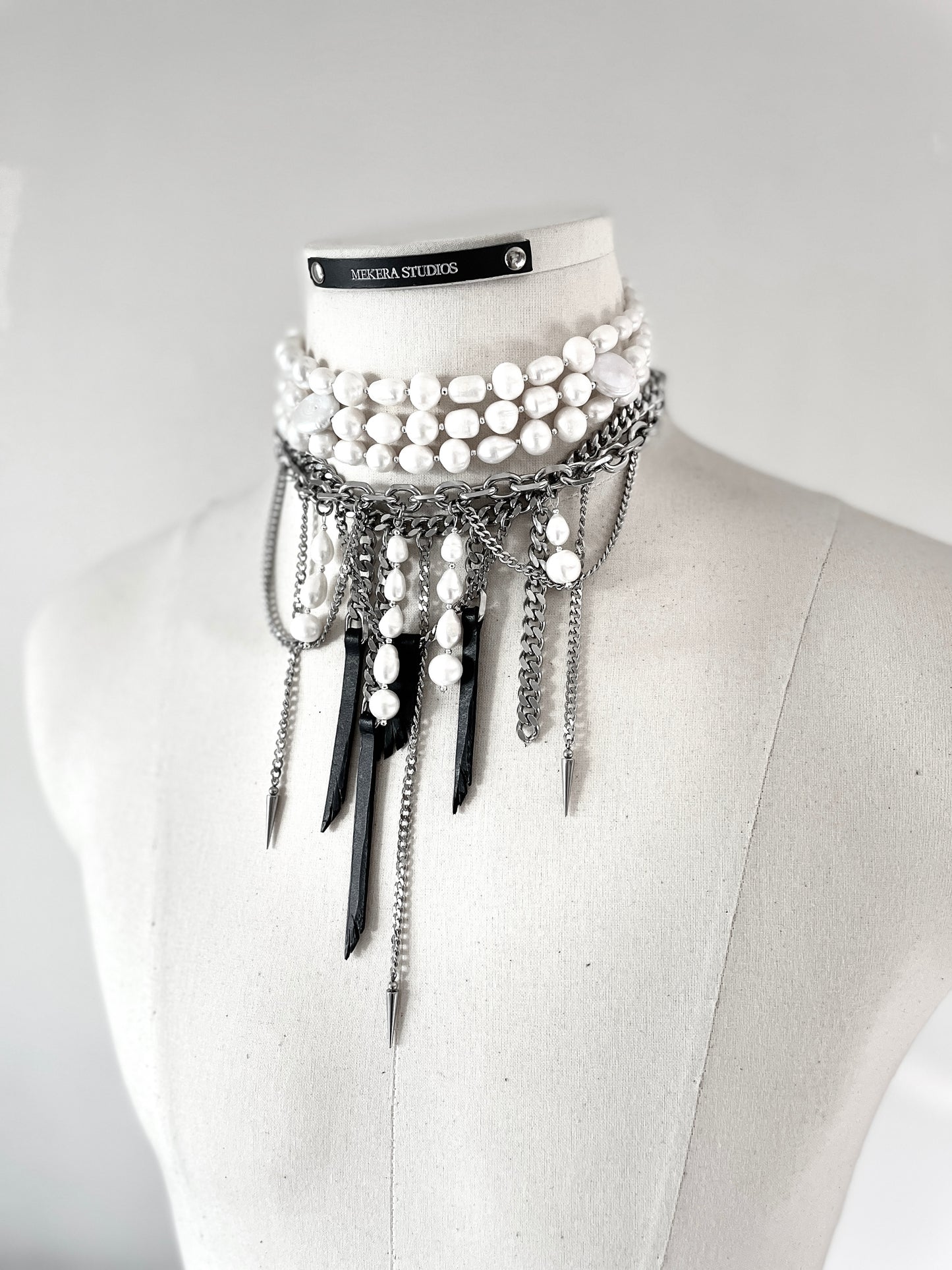 Wings5+WP2 - SOAR collection Pearl Spike Leather Limited Edition Handcrafted Necklace - MEKERA STUDIOS