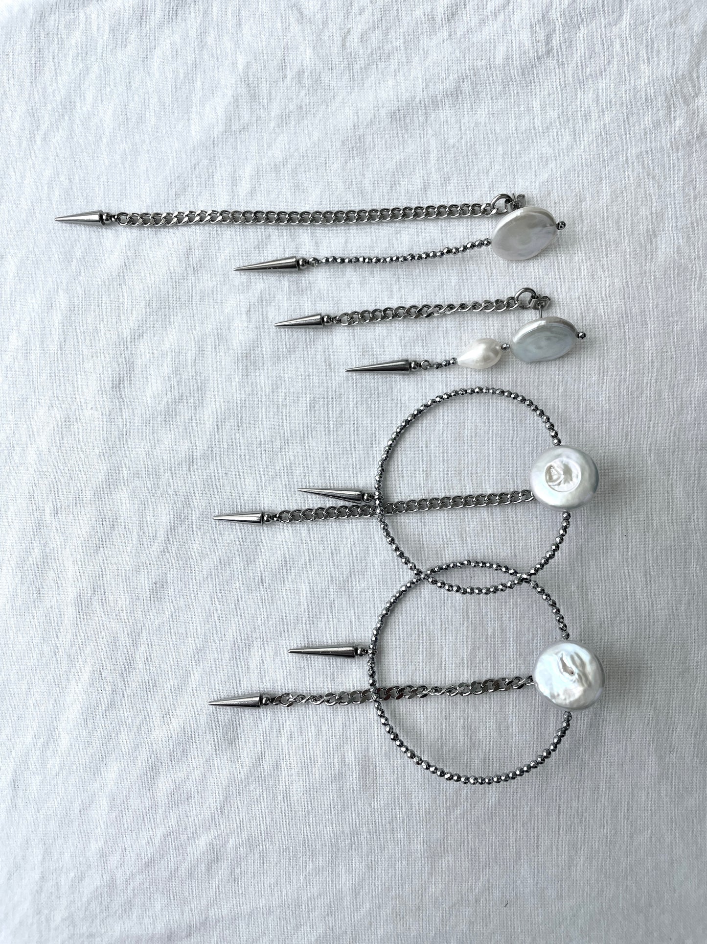 4 single earrings Extra long chain drop Pearl Spike MXE4 Limited Edition Handcrafted bodychain - MEKERA STUDIOS