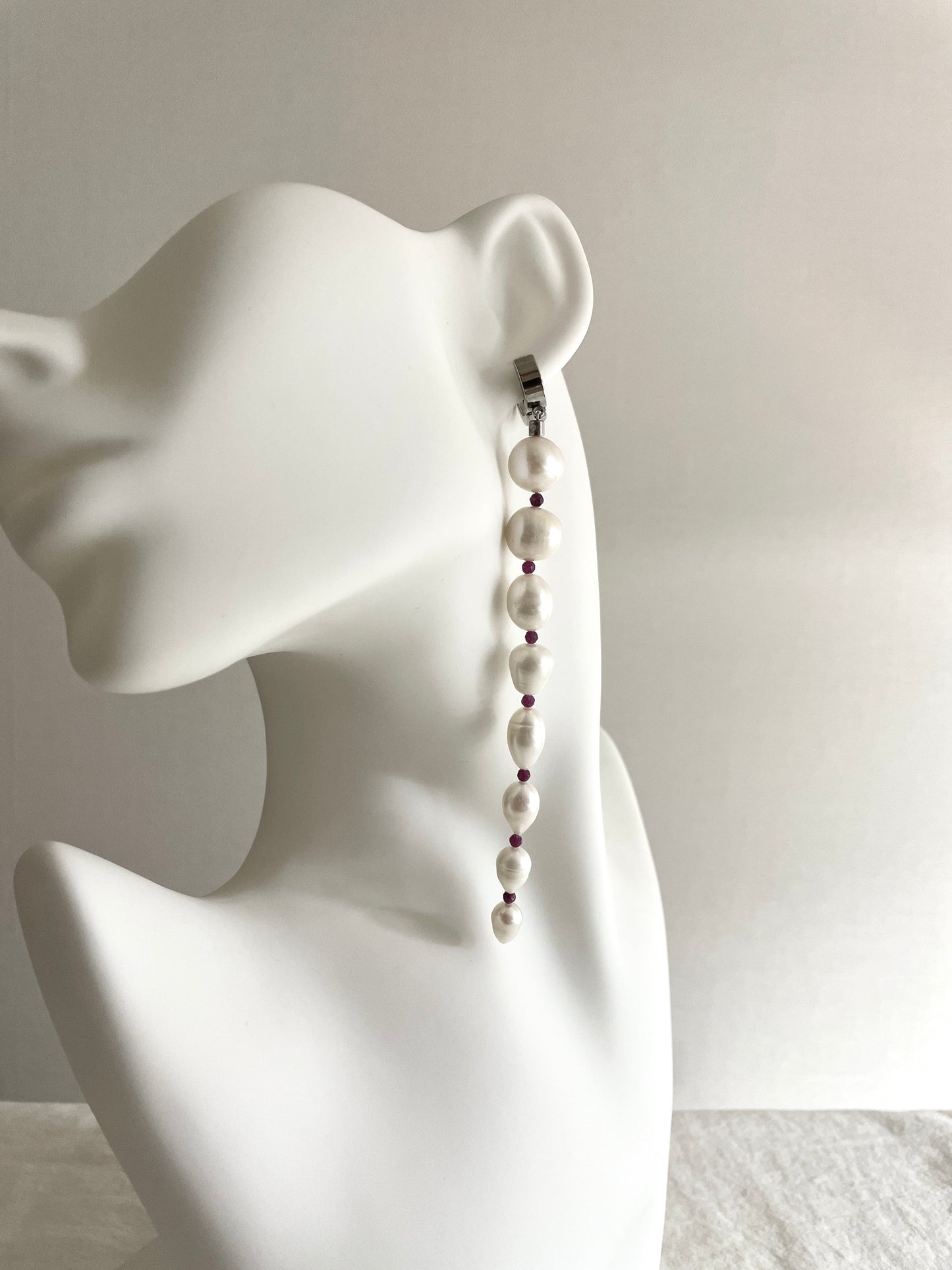 ES4-Pearl Ruby Earrings Long chain Limited Edition Handcrafted bodychain - MEKERA STUDIOS