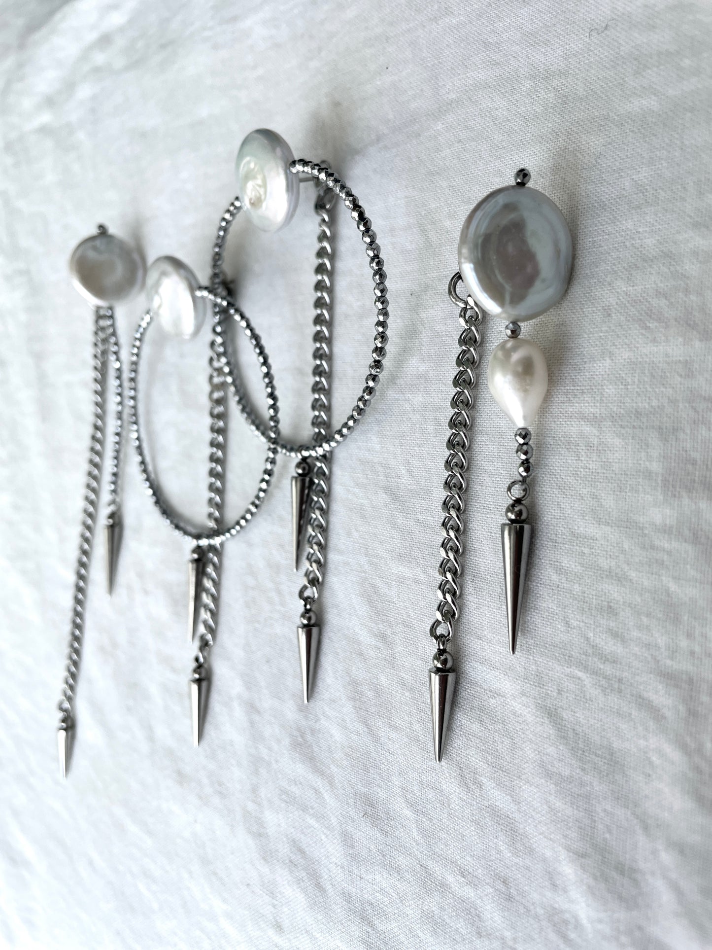 4 single earrings Extra long chain drop Pearl Spike MXE4 Limited Edition Handcrafted bodychain - MEKERA STUDIOS