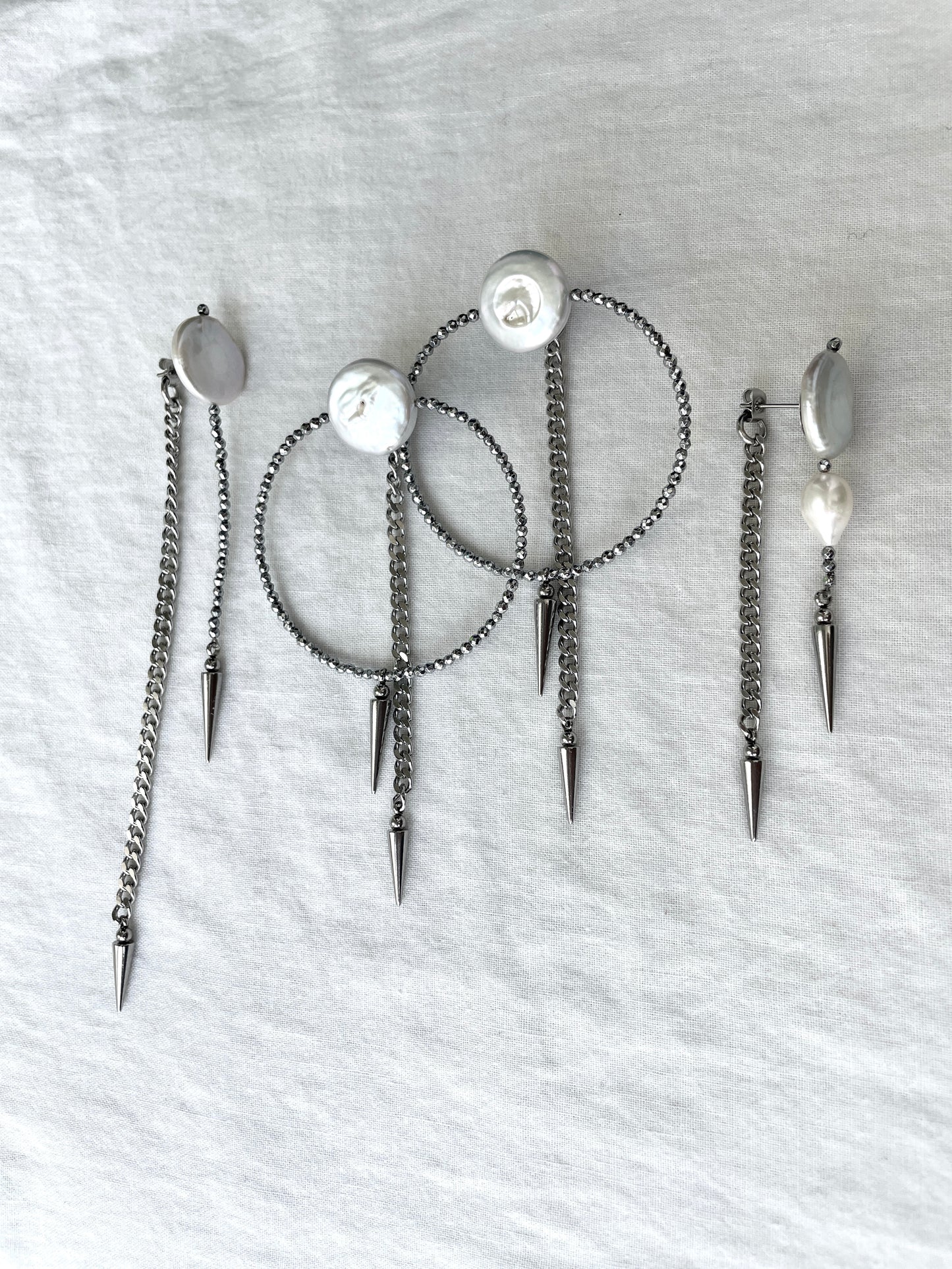 4 single earrings Extra long chain drop Pearl Spike MXE4 Limited Edition Handcrafted bodychain - MEKERA STUDIOS