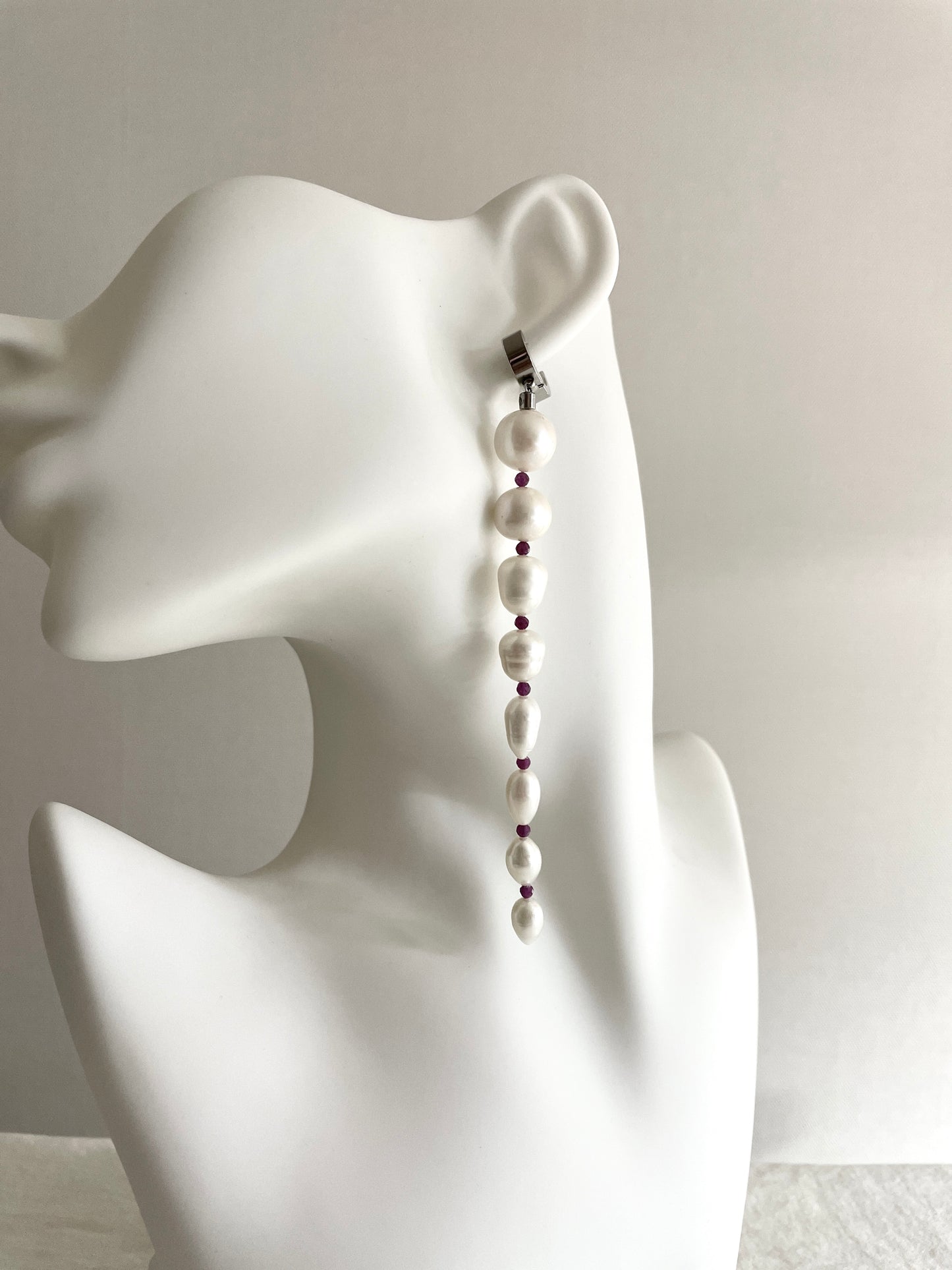 ES4-Pearl Ruby Earrings Long chain Limited Edition Handcrafted bodychain - MEKERA STUDIOS