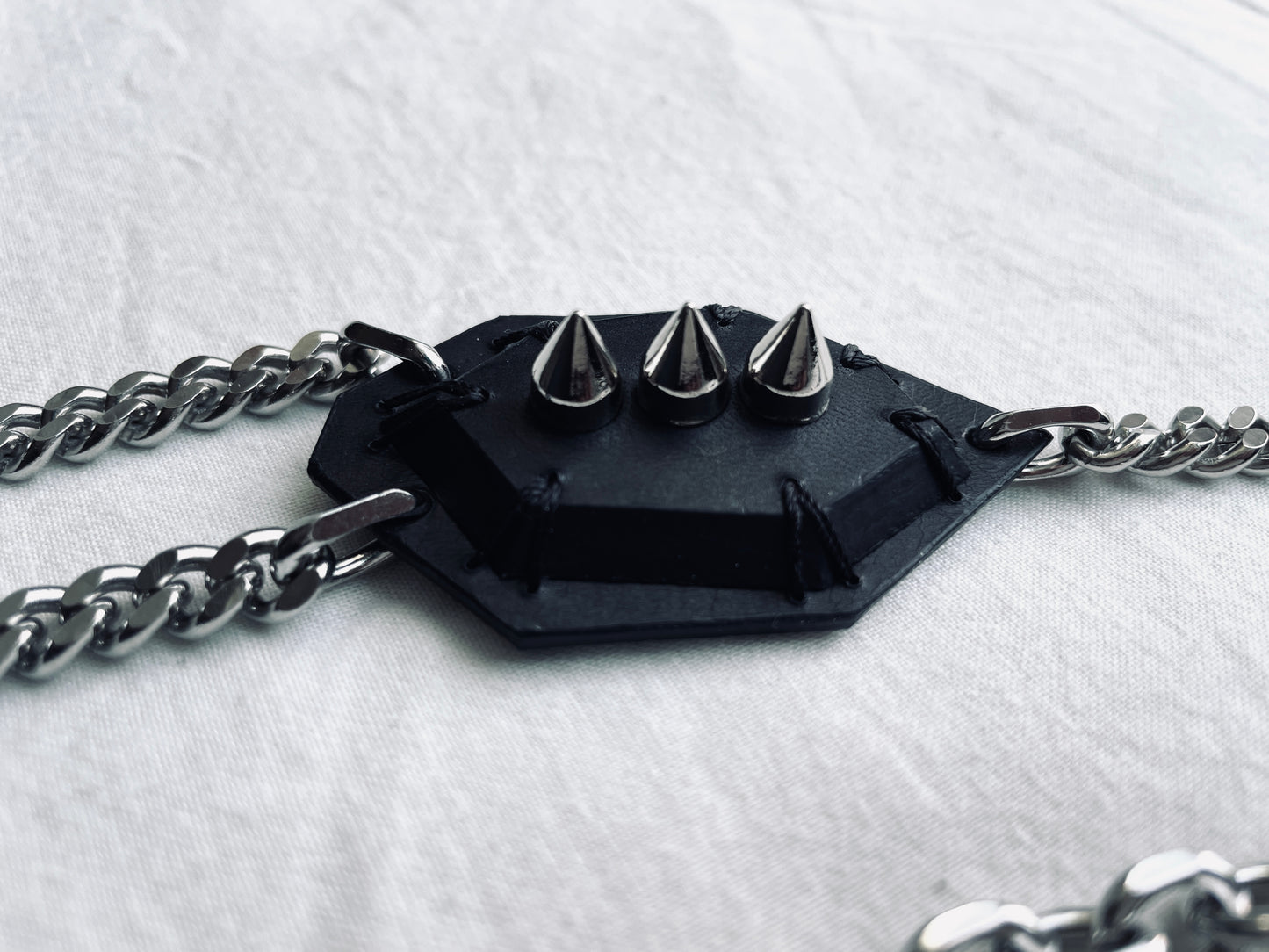 Leather Stone Oval 4 Spike Mekera Cut Limited Edition Handcrafted Pendent Choker Y-chain necklace MEKERA STUDIOS
