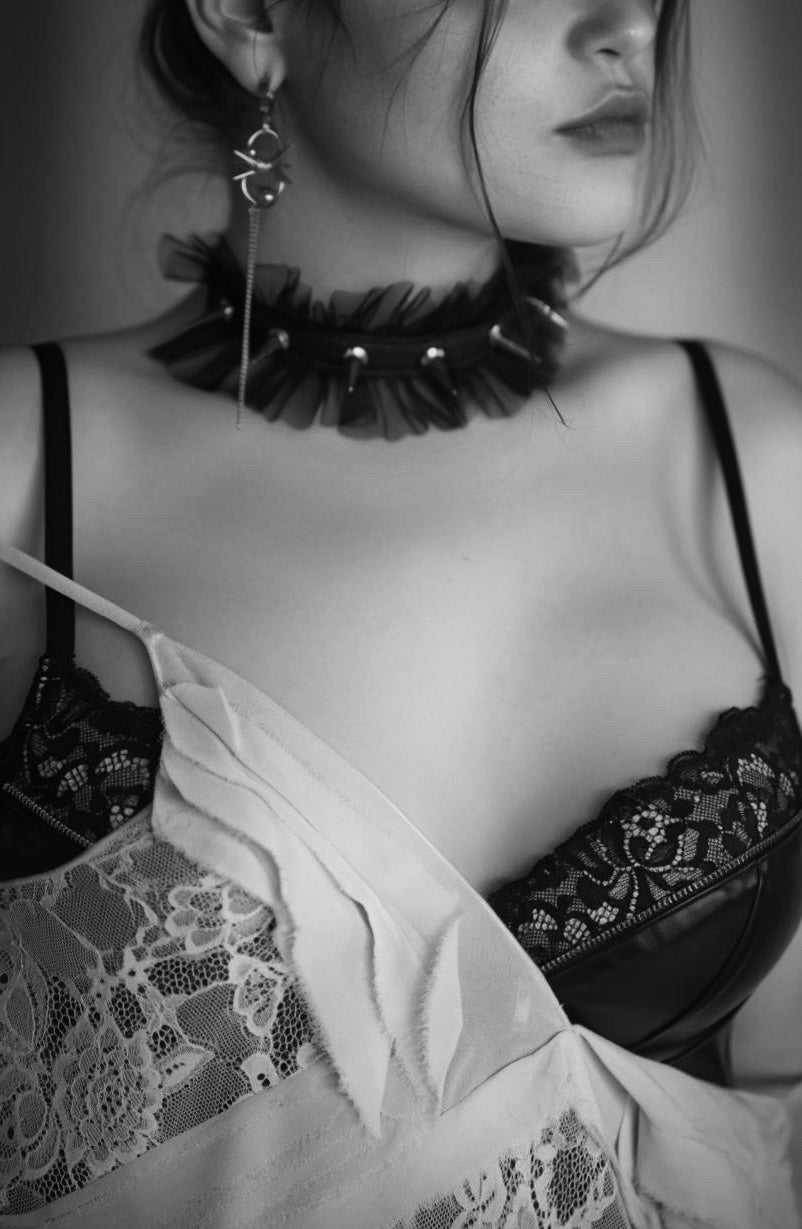 Lace leather spike choker NX2 - No Romantic Collection - Limited Edition Handcrafted Black Necklace Chain-MEKERA STUDIOS