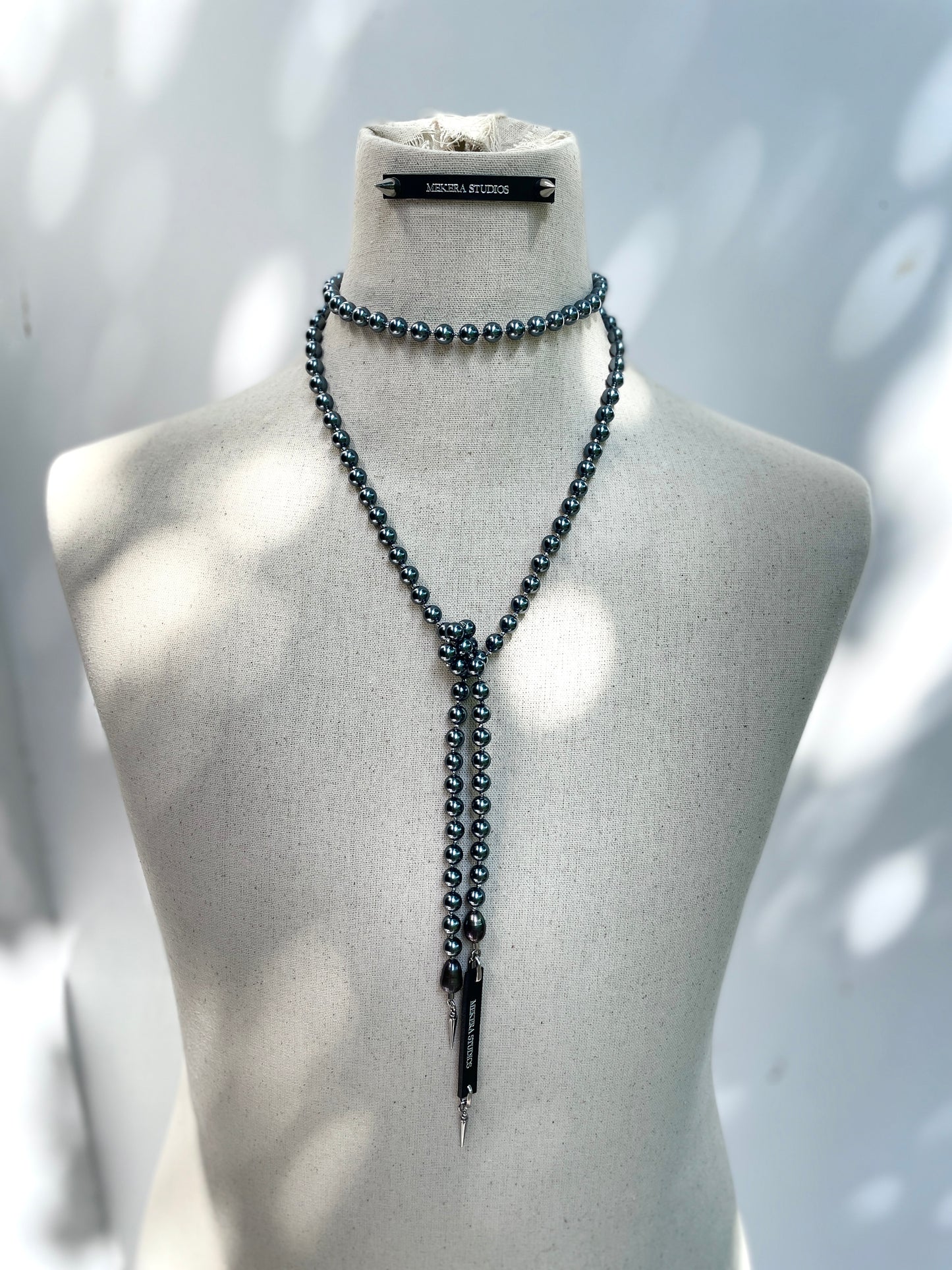 Black Pearl Necklace NP11 Spike multiple Long chain N-PUNK collection Handcrafted MEKERA STUDIOS