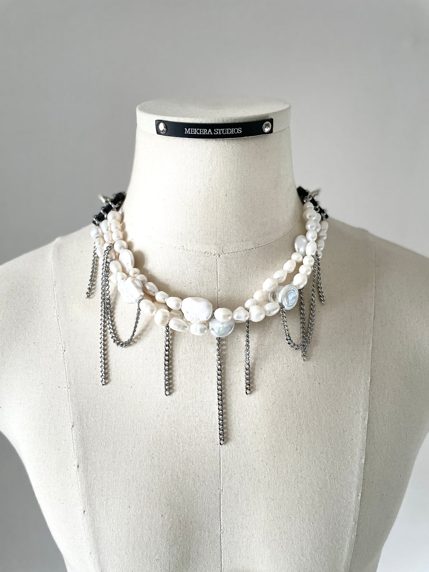 PL2 Pearl & Leather Choker Limited Edition Handcrafted Necklace Choker Spike -MEKERA STUDIOS