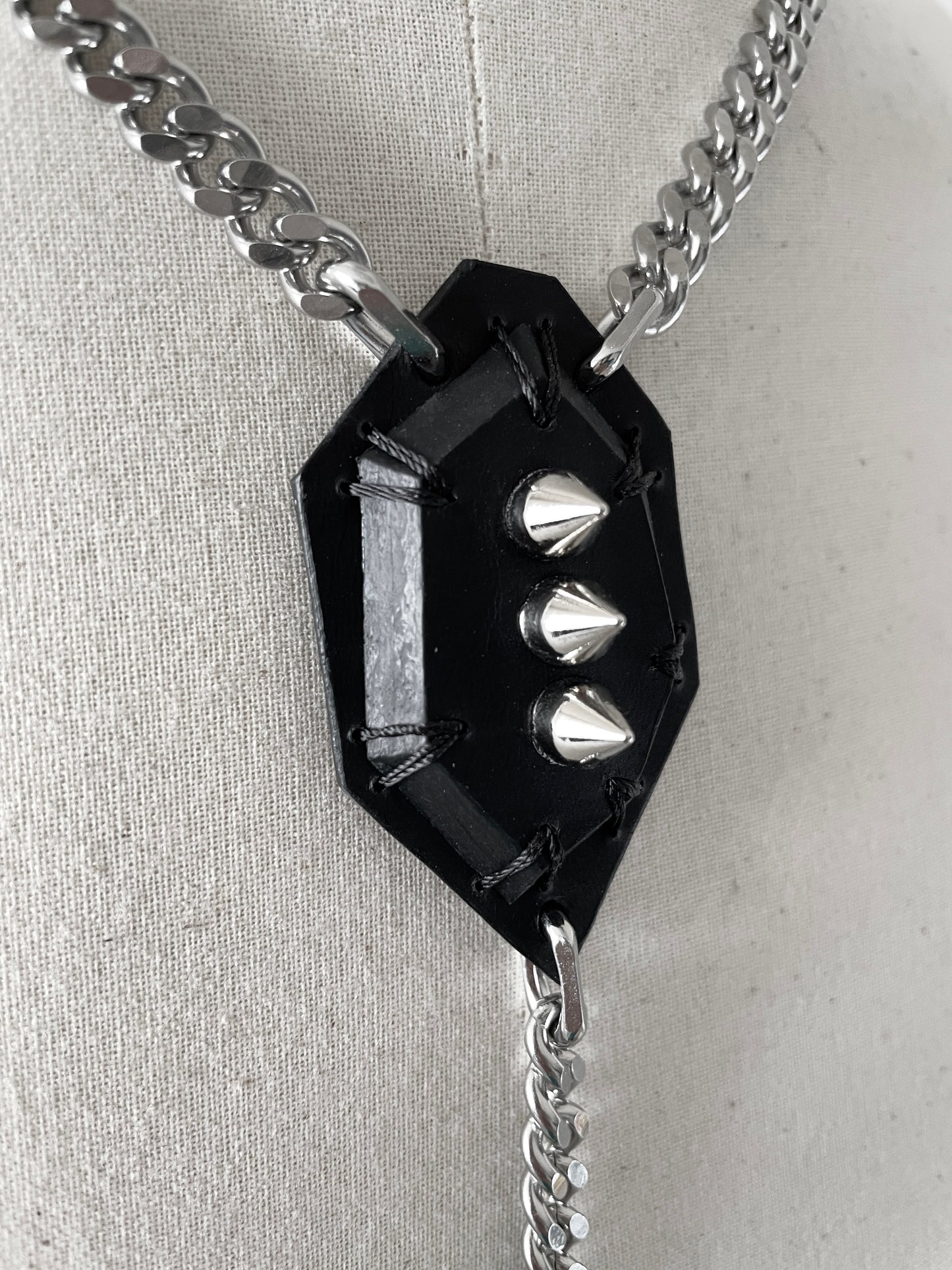 Leather Stone Oval 4 Spike Mekera Cut Limited Edition Handcrafted Pendent Choker Y-chain necklace MEKERA STUDIOS