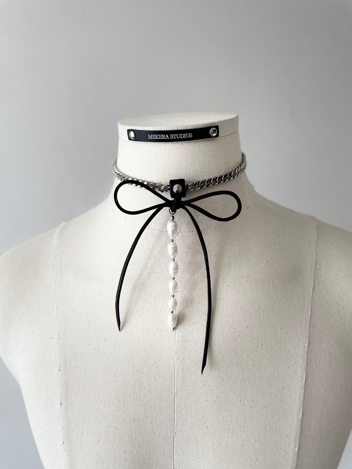 NR1 Leather Ribbon Choker Pearl Spike Limited Edition Handcrafted Necklace For women For men-MEKERA STUDIOS