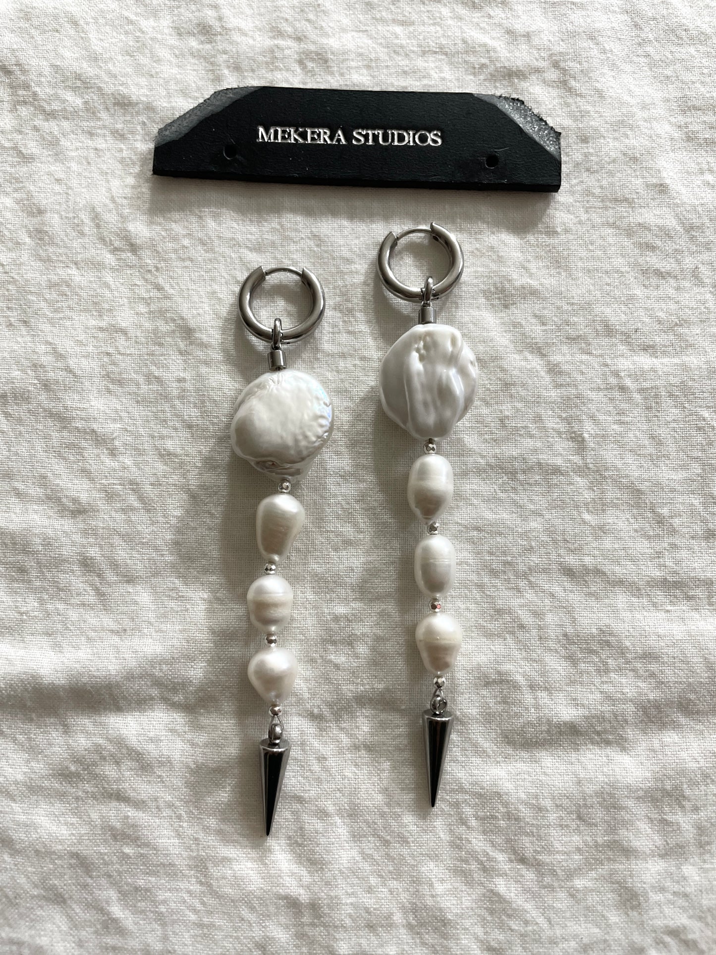 Ear Couture collection Baroque Pearl Spike earrings long chain drop EC-12 Limited Edition Handcrafted - MEKERA STUDIOS