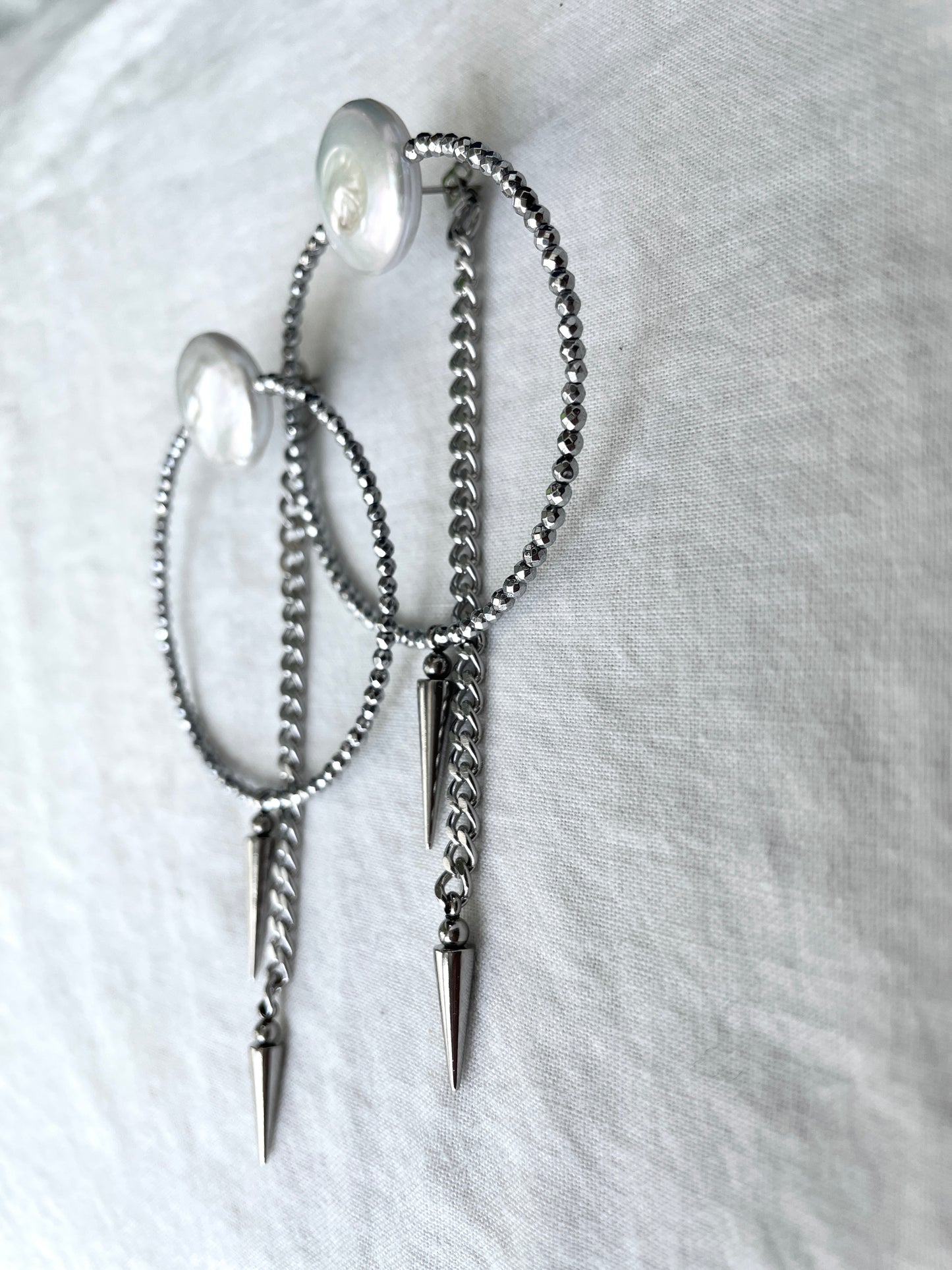 4 single earrings Extra long chain drop Pearl Spike MXE4 Limited Edition Handcrafted bodychain - MEKERA STUDIOS