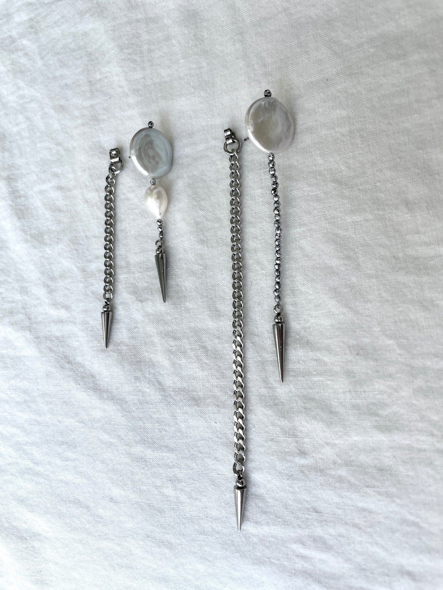 4 single earrings Extra long chain drop Pearl Spike MXE4 Limited Edition Handcrafted bodychain - MEKERA STUDIOS