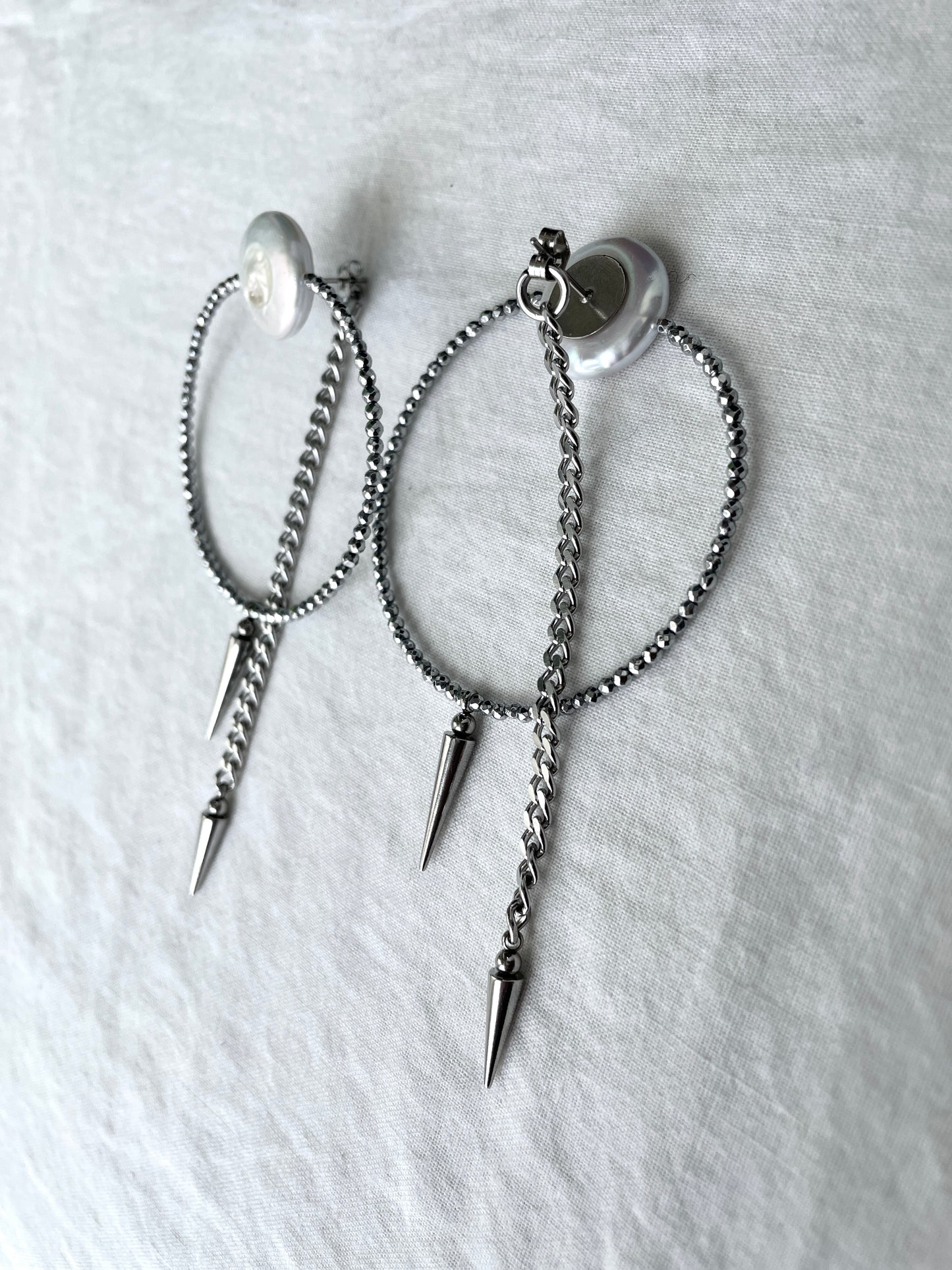 4 single earrings Extra long chain drop Pearl Spike MXE4 Limited Edition Handcrafted bodychain - MEKERA STUDIOS