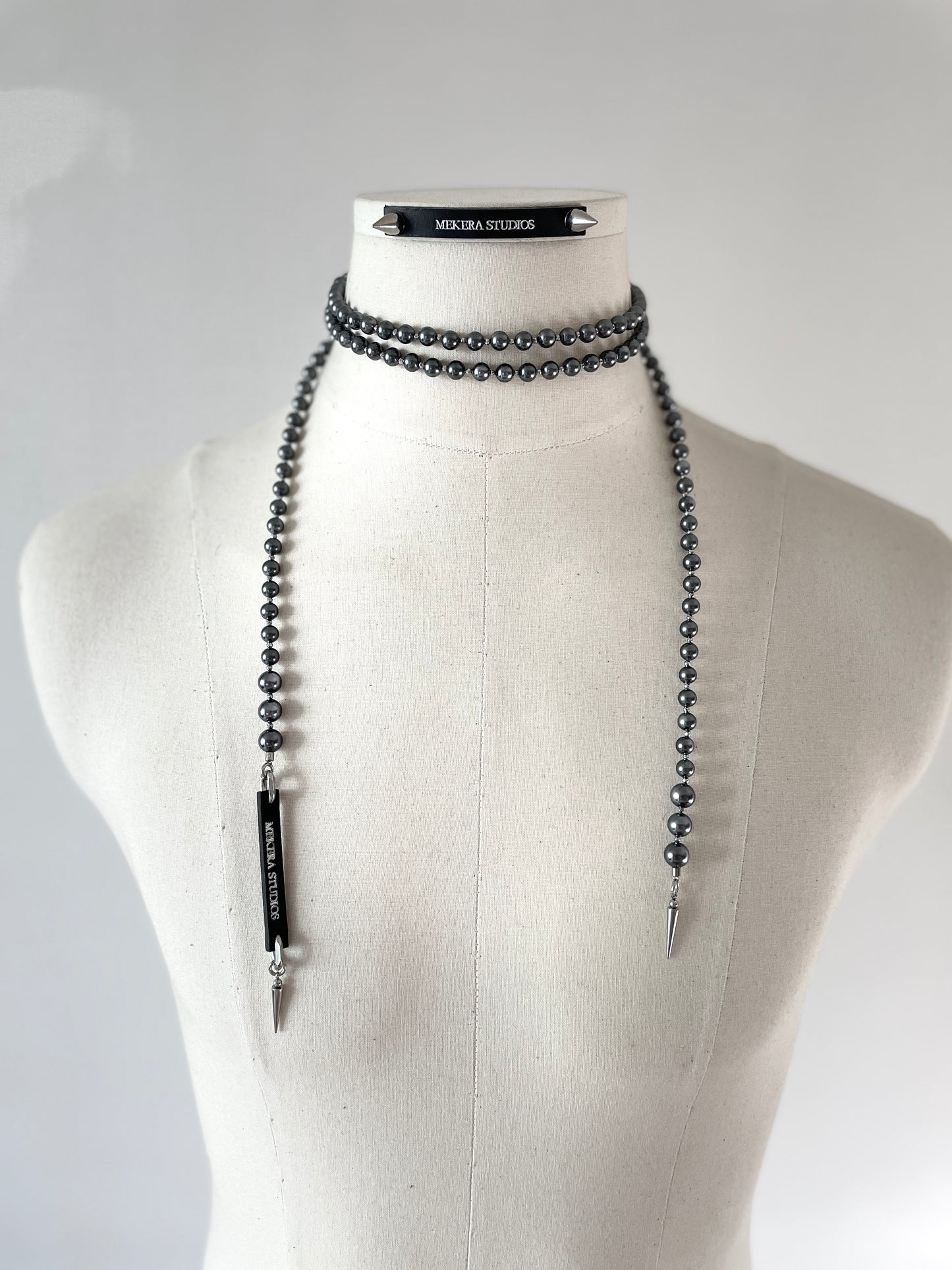 Black Pearl Necklace NP18 Spike multiple Long chain N-PUNK collection Handcrafted MEKERA STUDIOS