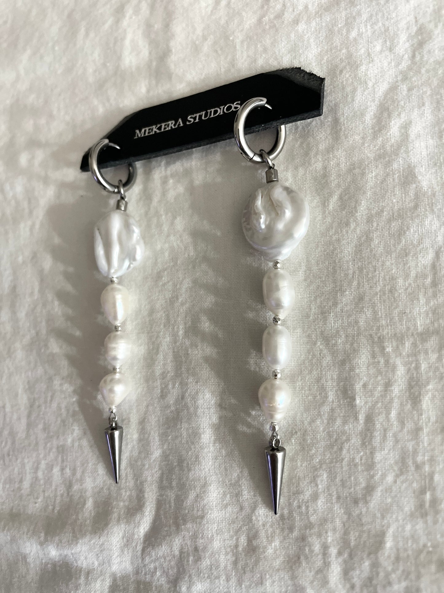 Ear Couture collection Baroque Pearl Spike earrings long chain drop EC-12 Limited Edition Handcrafted - MEKERA STUDIOS