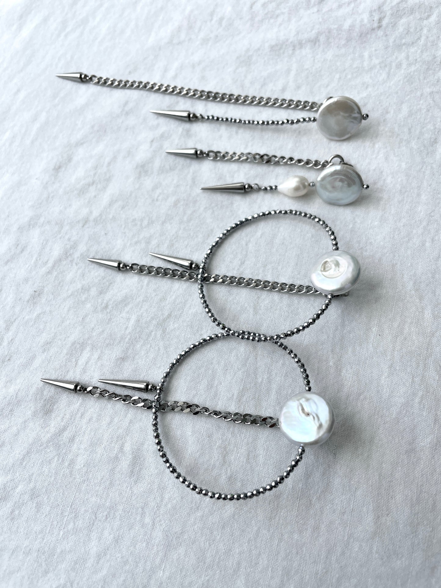 4 single earrings Extra long chain drop Pearl Spike MXE4 Limited Edition Handcrafted bodychain - MEKERA STUDIOS