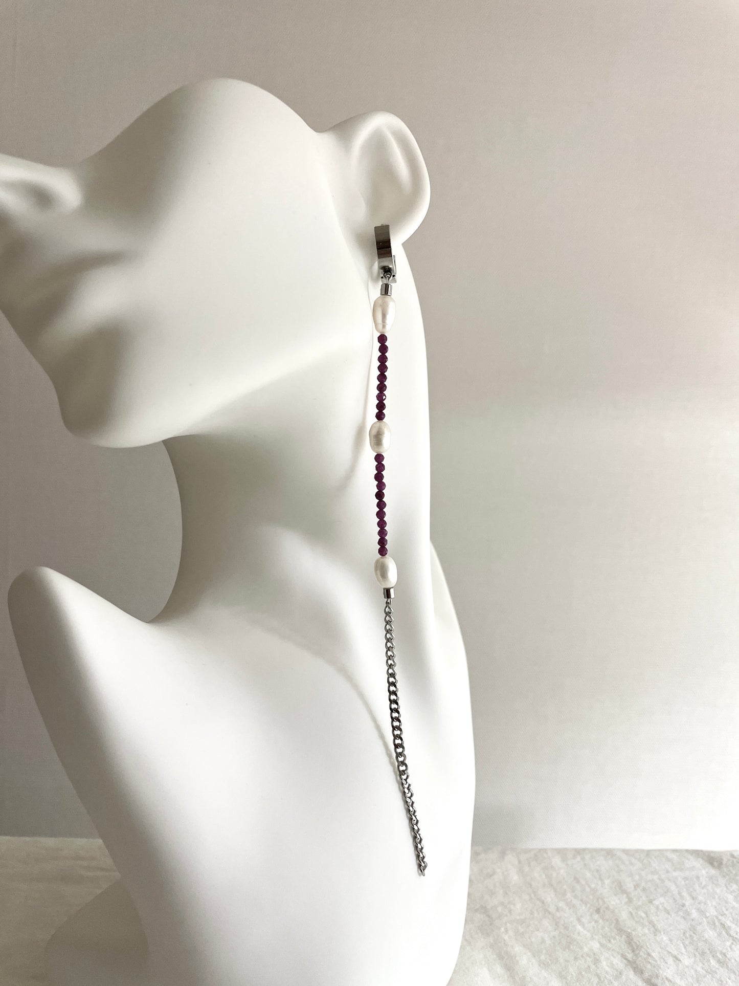 ES3 - Pearl Ruby Earrings Long chain The Y collection Limited Edition Handcrafted bodychain - MEKERA STUDIOS