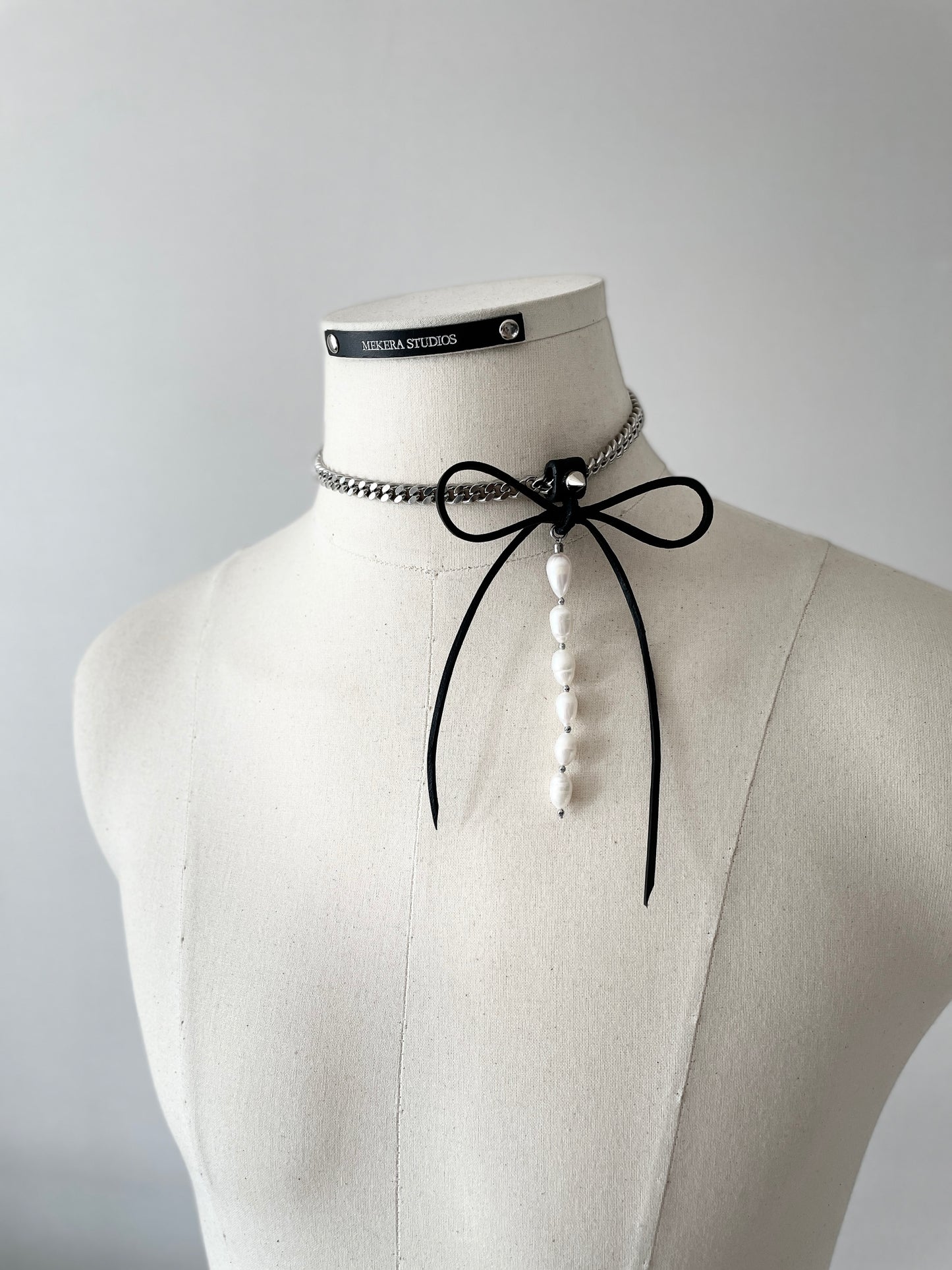 NR1 Leather Ribbon Choker Pearl Spike Limited Edition Handcrafted Necklace For women For men-MEKERA STUDIOS