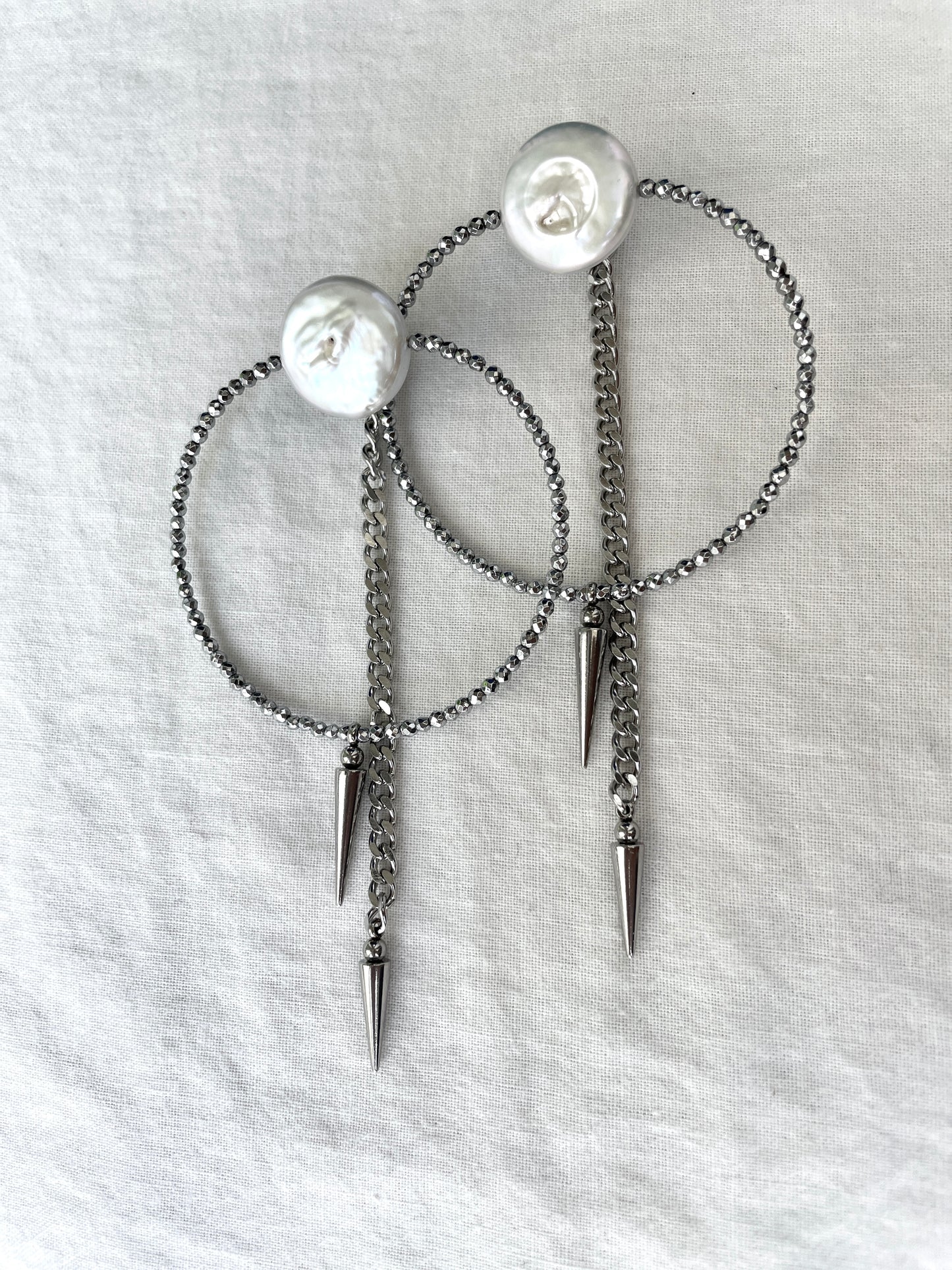 4 single earrings Extra long chain drop Pearl Spike MXE4 Limited Edition Handcrafted bodychain - MEKERA STUDIOS