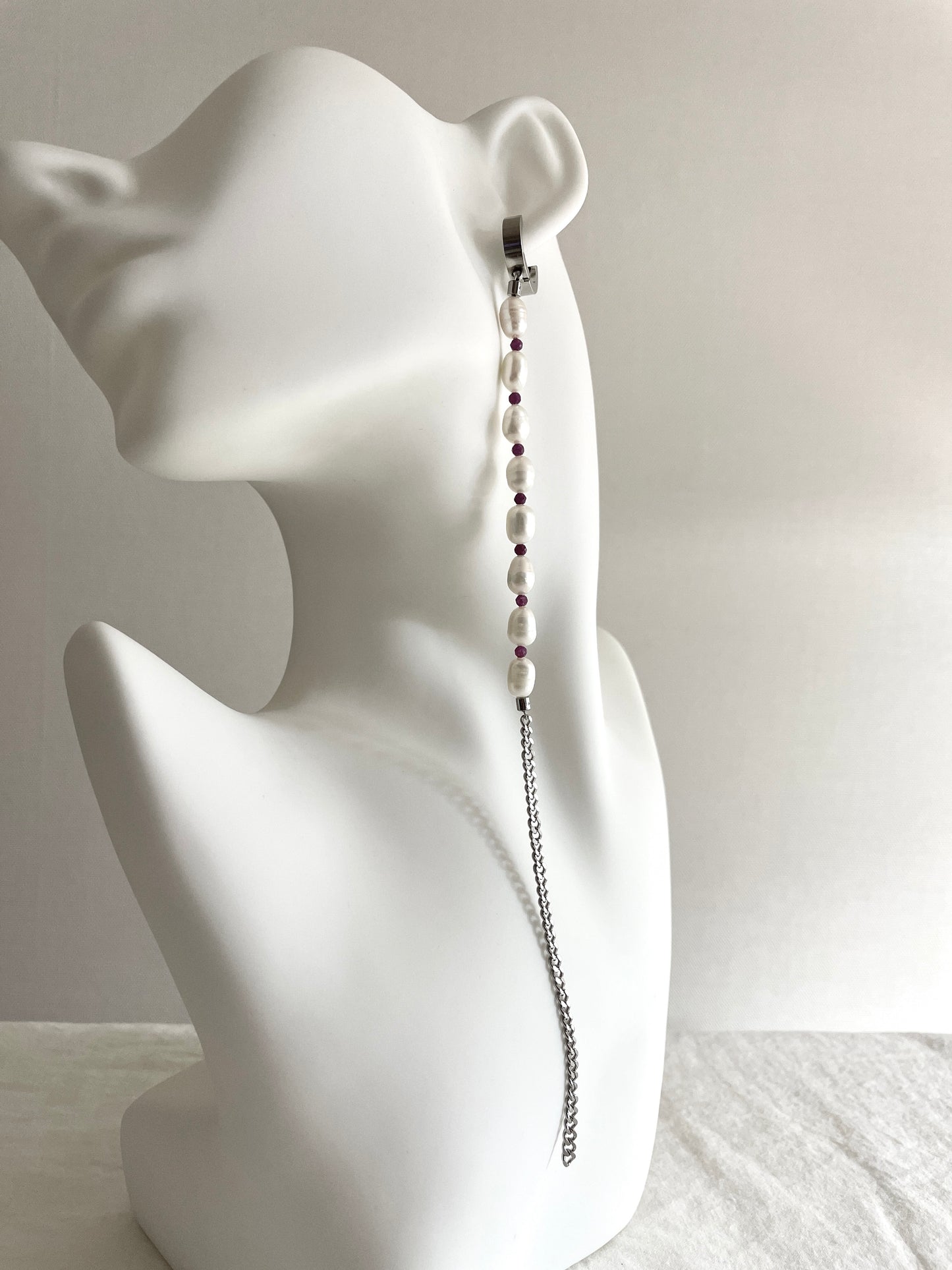 ES3 - Pearl Ruby Earrings Long chain The Y collection Limited Edition Handcrafted bodychain - MEKERA STUDIOS