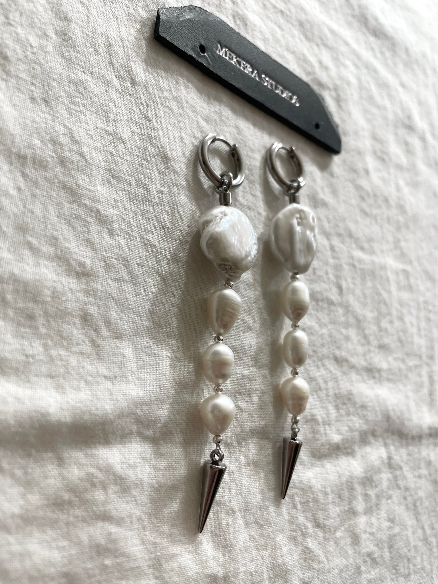 Ear Couture collection Baroque Pearl Spike earrings long chain drop EC-12 Limited Edition Handcrafted - MEKERA STUDIOS