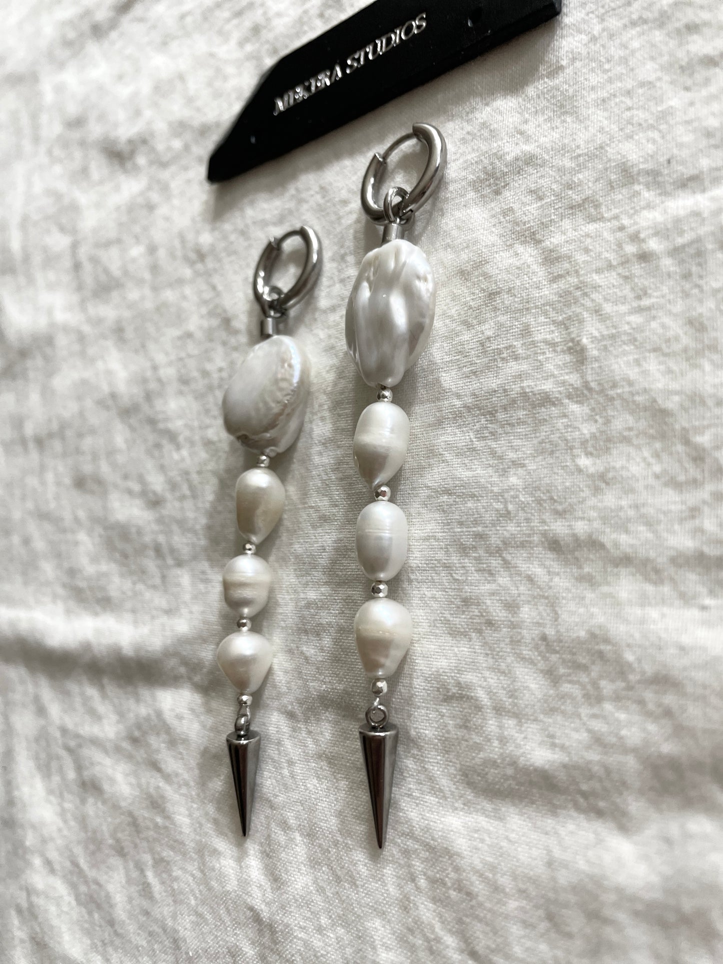 Ear Couture collection Baroque Pearl Spike earrings long chain drop EC-12 Limited Edition Handcrafted - MEKERA STUDIOS