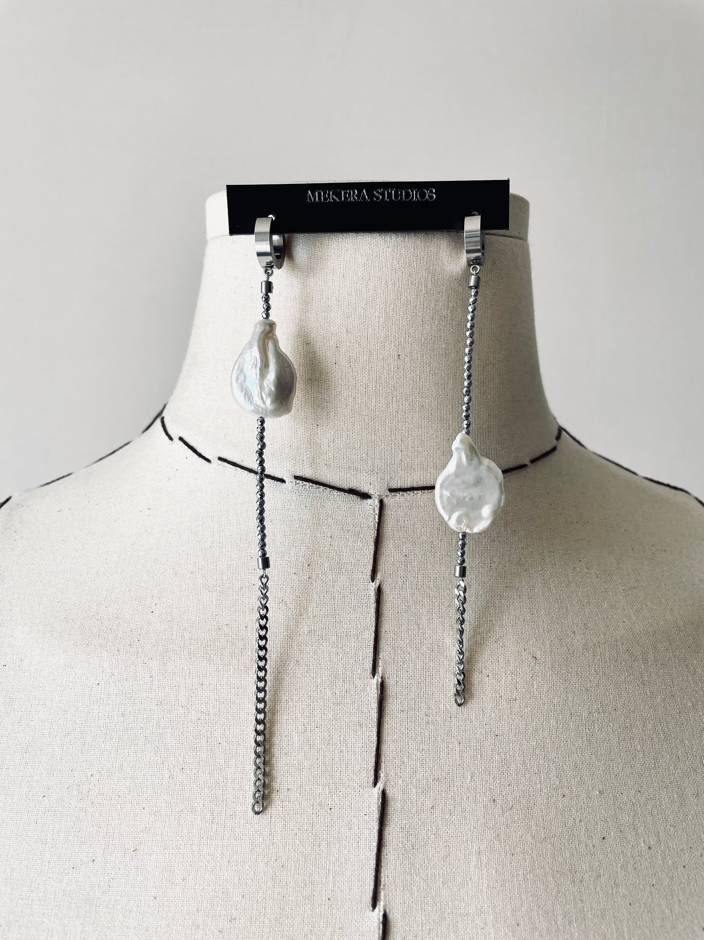 ES2 - The Y collection Pearl Earrings Long chain Limited Edition Handcrafted bodychain - MEKERA STUDIOS