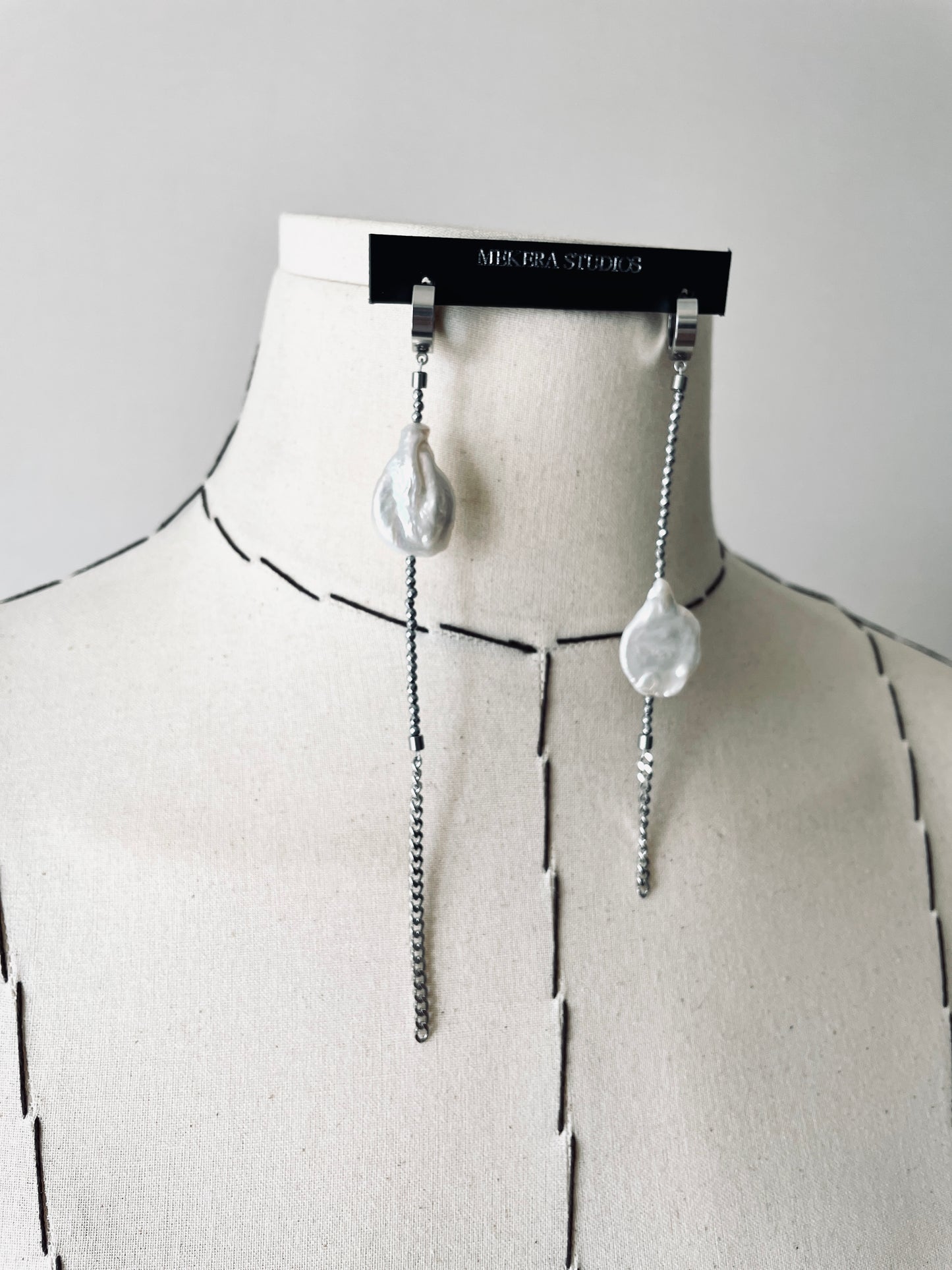 ES2 - The Y collection Pearl Earrings Long chain Limited Edition Handcrafted bodychain - MEKERA STUDIOS
