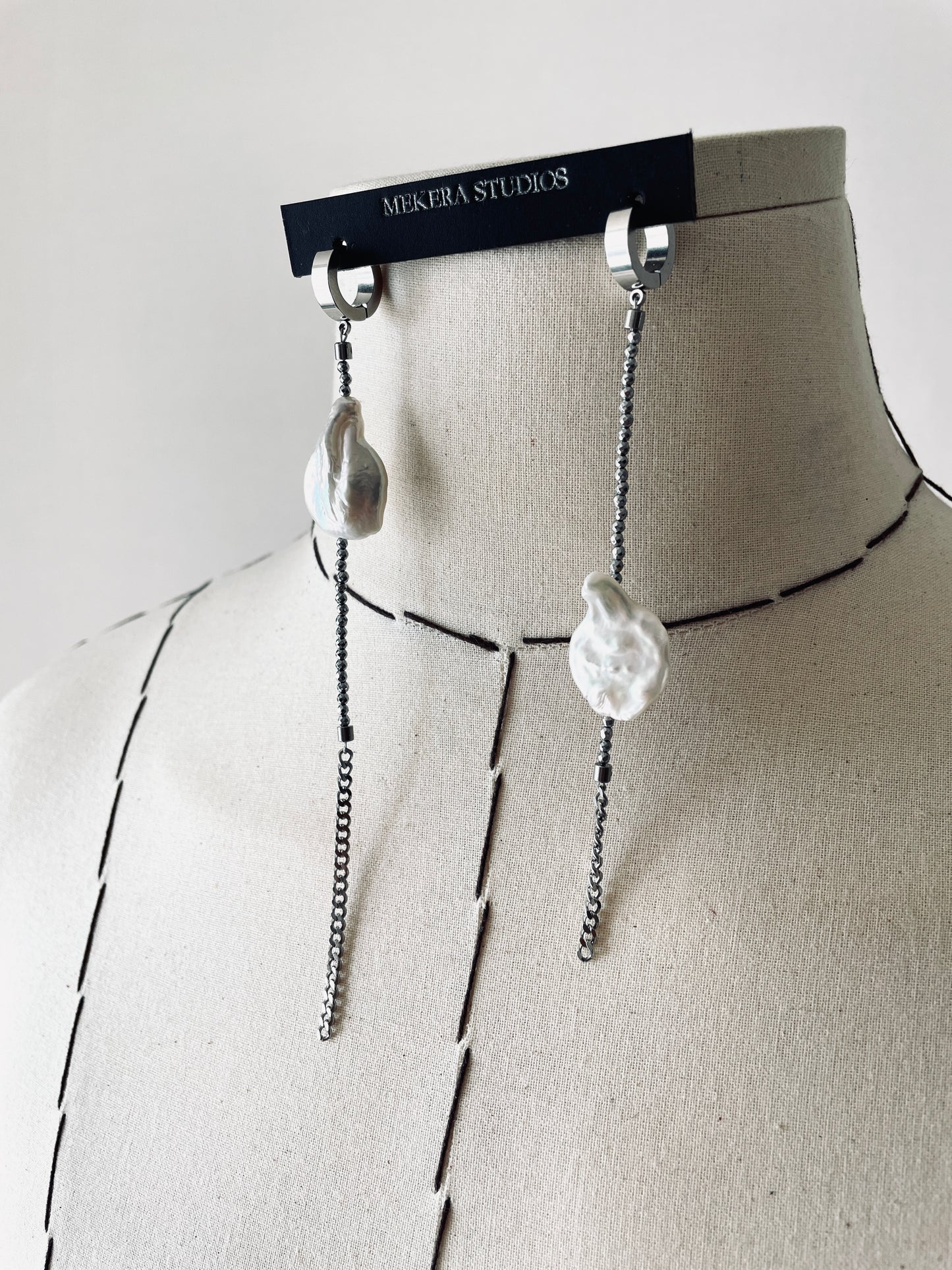 ES2 - The Y collection Pearl Earrings Long chain Limited Edition Handcrafted bodychain - MEKERA STUDIOS