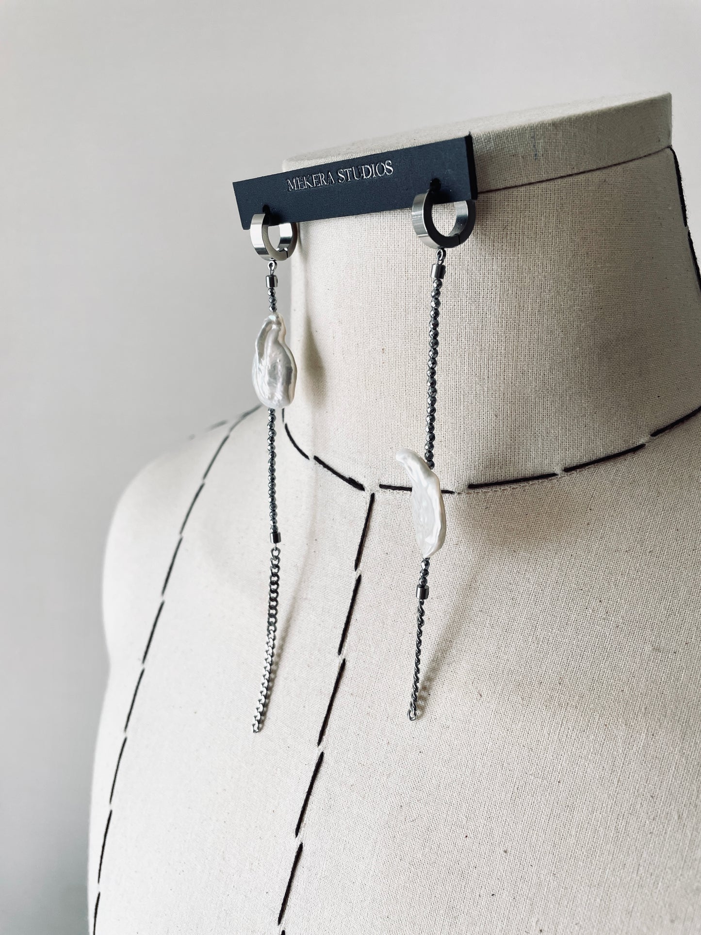 ES2 - The Y collection Pearl Earrings Long chain Limited Edition Handcrafted bodychain - MEKERA STUDIOS