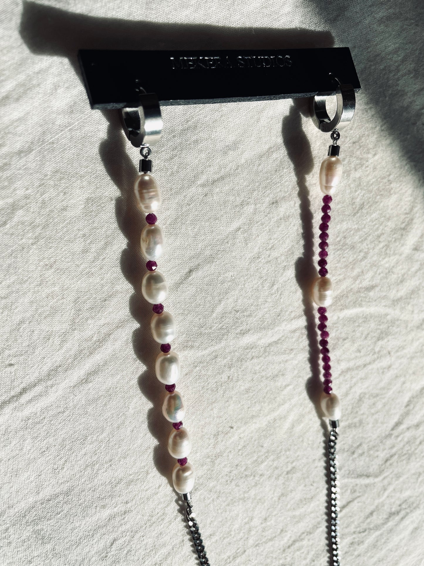 ES3 - Pearl Ruby Earrings Long chain The Y collection Limited Edition Handcrafted bodychain - MEKERA STUDIOS