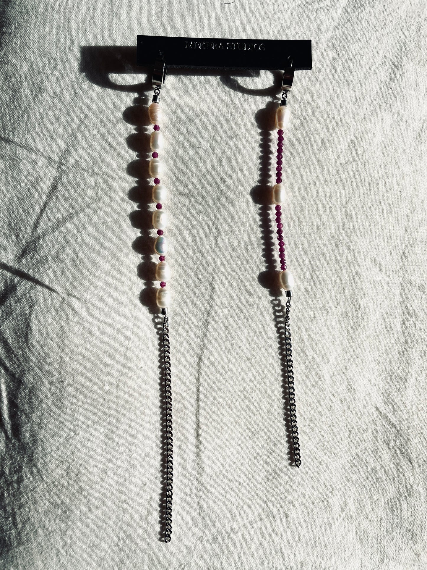 ES3 - Pearl Ruby Earrings Long chain The Y collection Limited Edition Handcrafted bodychain - MEKERA STUDIOS