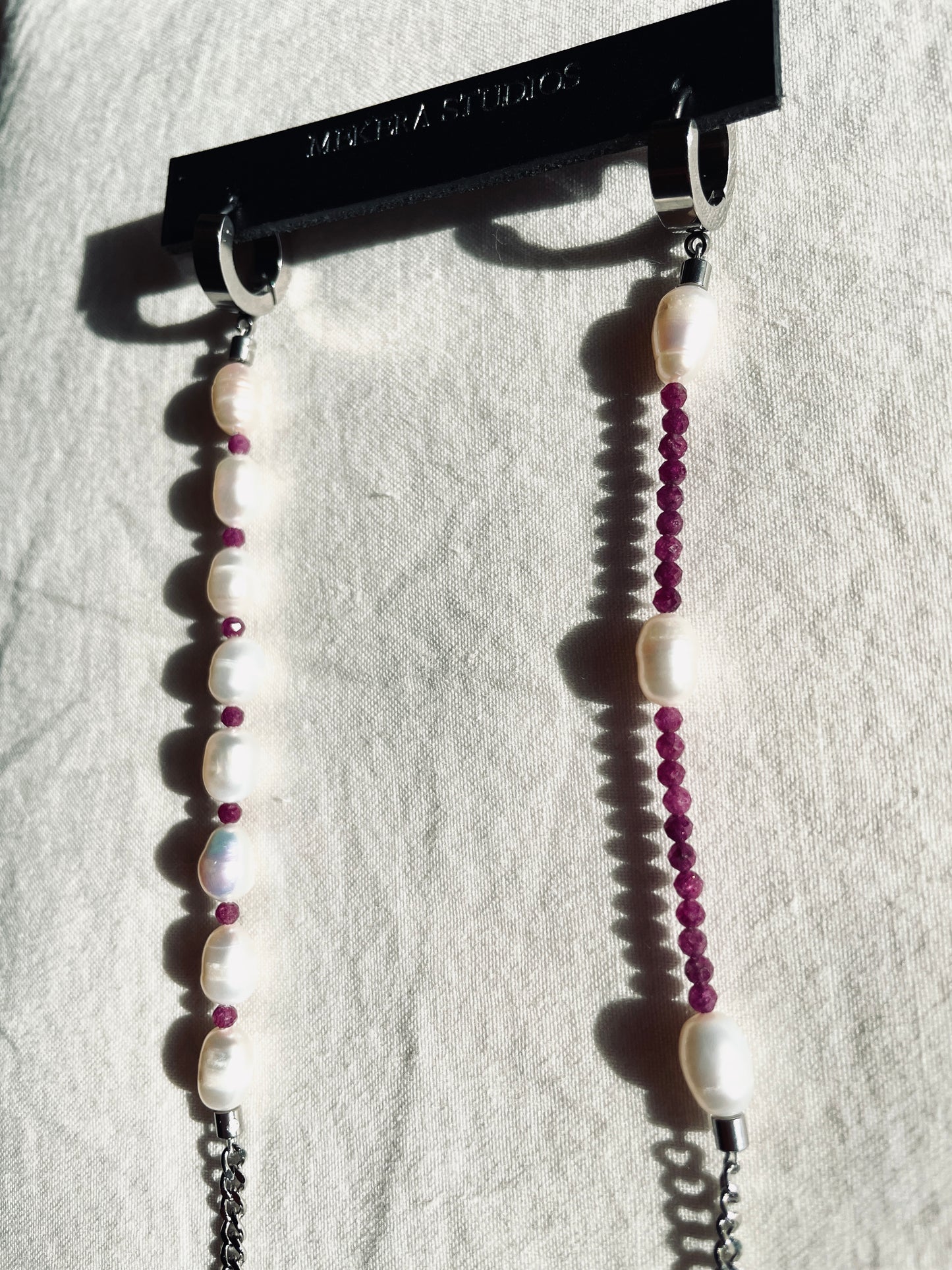 ES3 - Pearl Ruby Earrings Long chain The Y collection Limited Edition Handcrafted bodychain - MEKERA STUDIOS