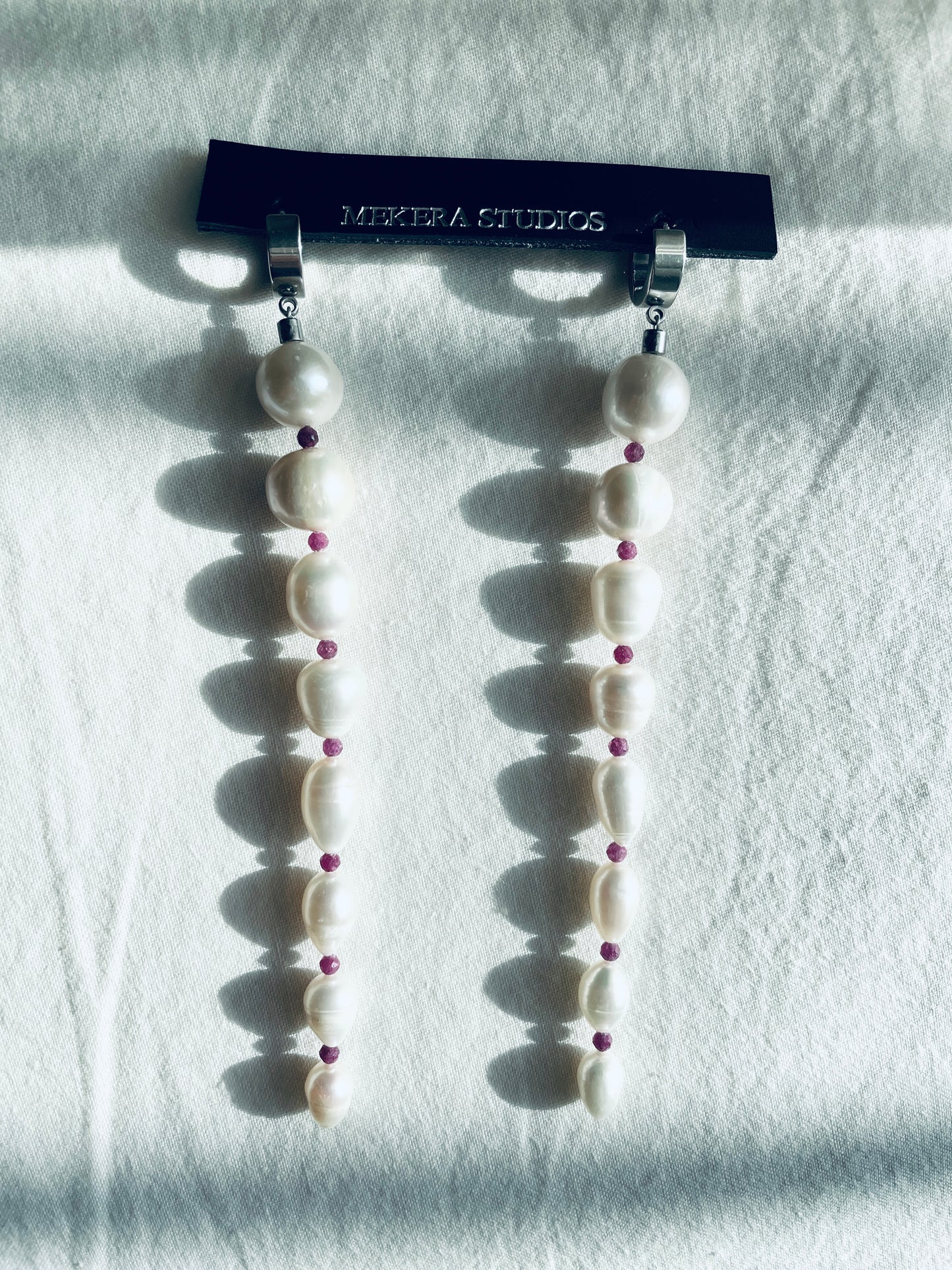 ES4-Pearl Ruby Earrings Long chain Limited Edition Handcrafted bodychain - MEKERA STUDIOS