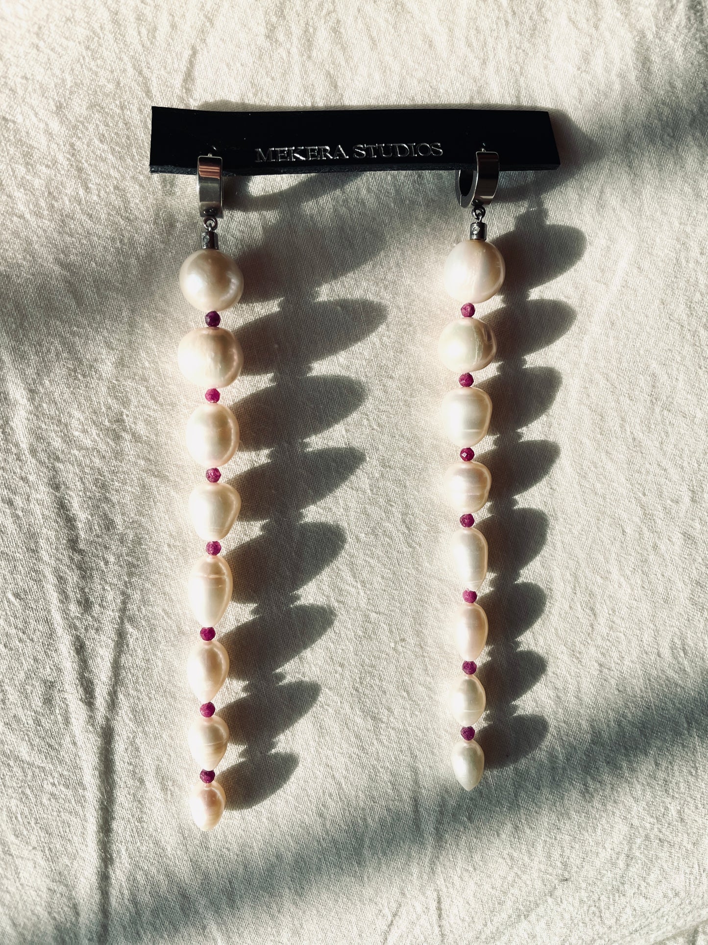 ES4-Pearl Ruby Earrings Long chain Limited Edition Handcrafted bodychain - MEKERA STUDIOS