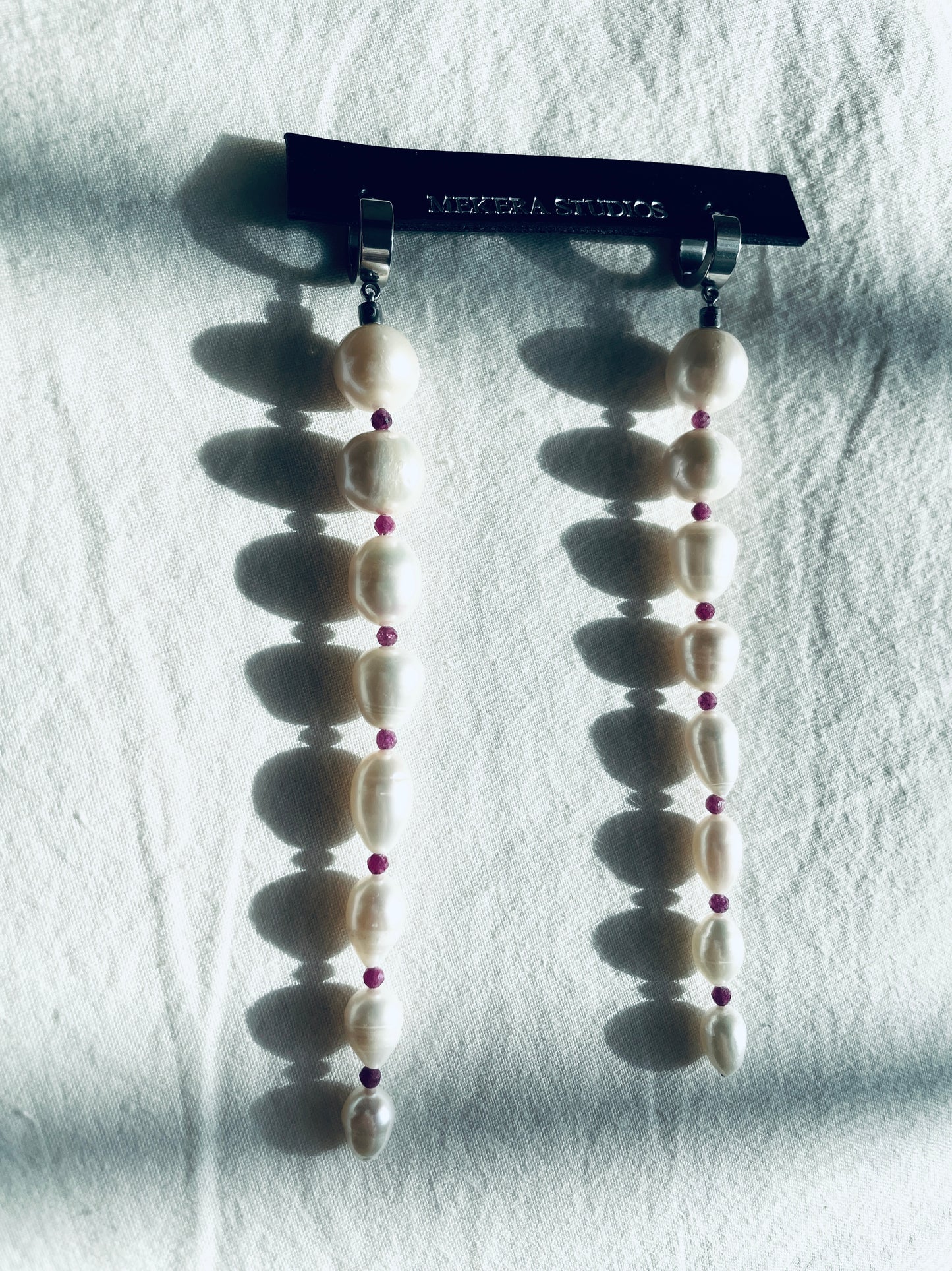 ES4-Pearl Ruby Earrings Long chain Limited Edition Handcrafted bodychain - MEKERA STUDIOS