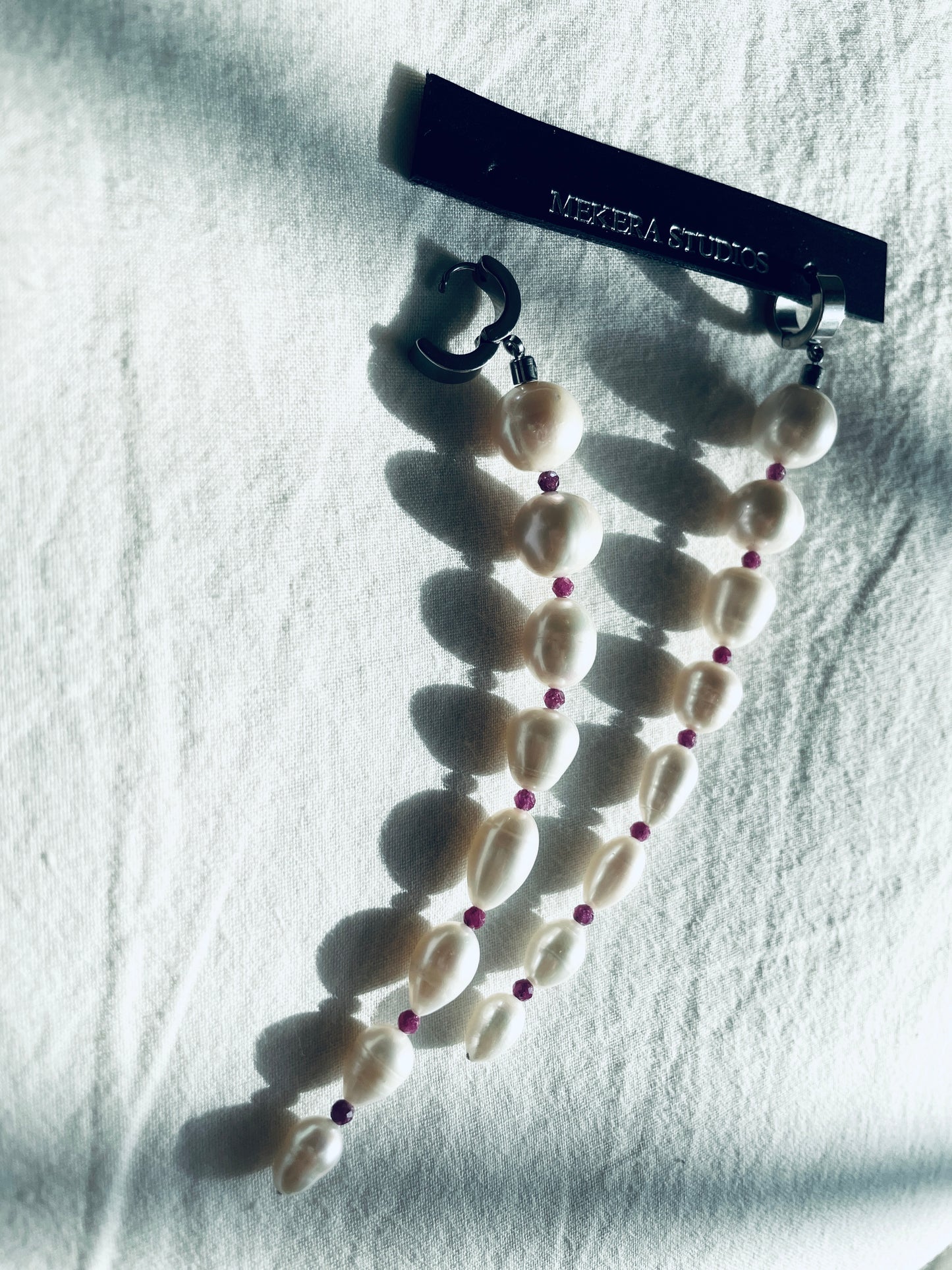 ES4-Pearl Ruby Earrings Long chain Limited Edition Handcrafted bodychain - MEKERA STUDIOS