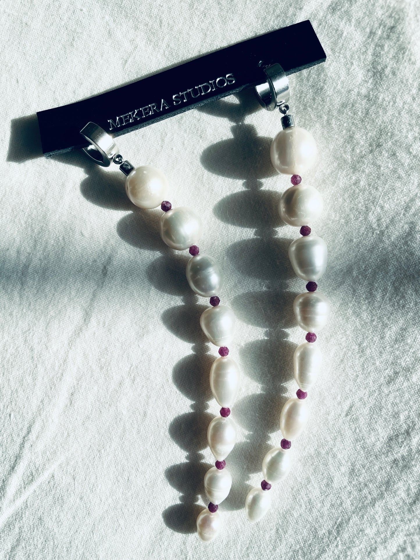 ES4-Pearl Ruby Earrings Long chain Limited Edition Handcrafted bodychain - MEKERA STUDIOS