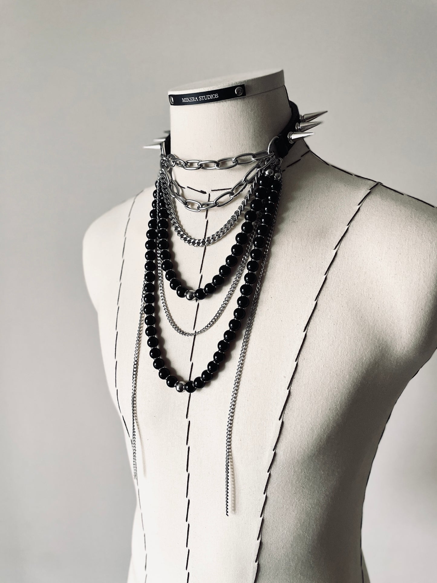 LS5-Spike Choker Onyx Limited Edition Handcrafted Necklace Leather Chain-MEKERA STUDIOS