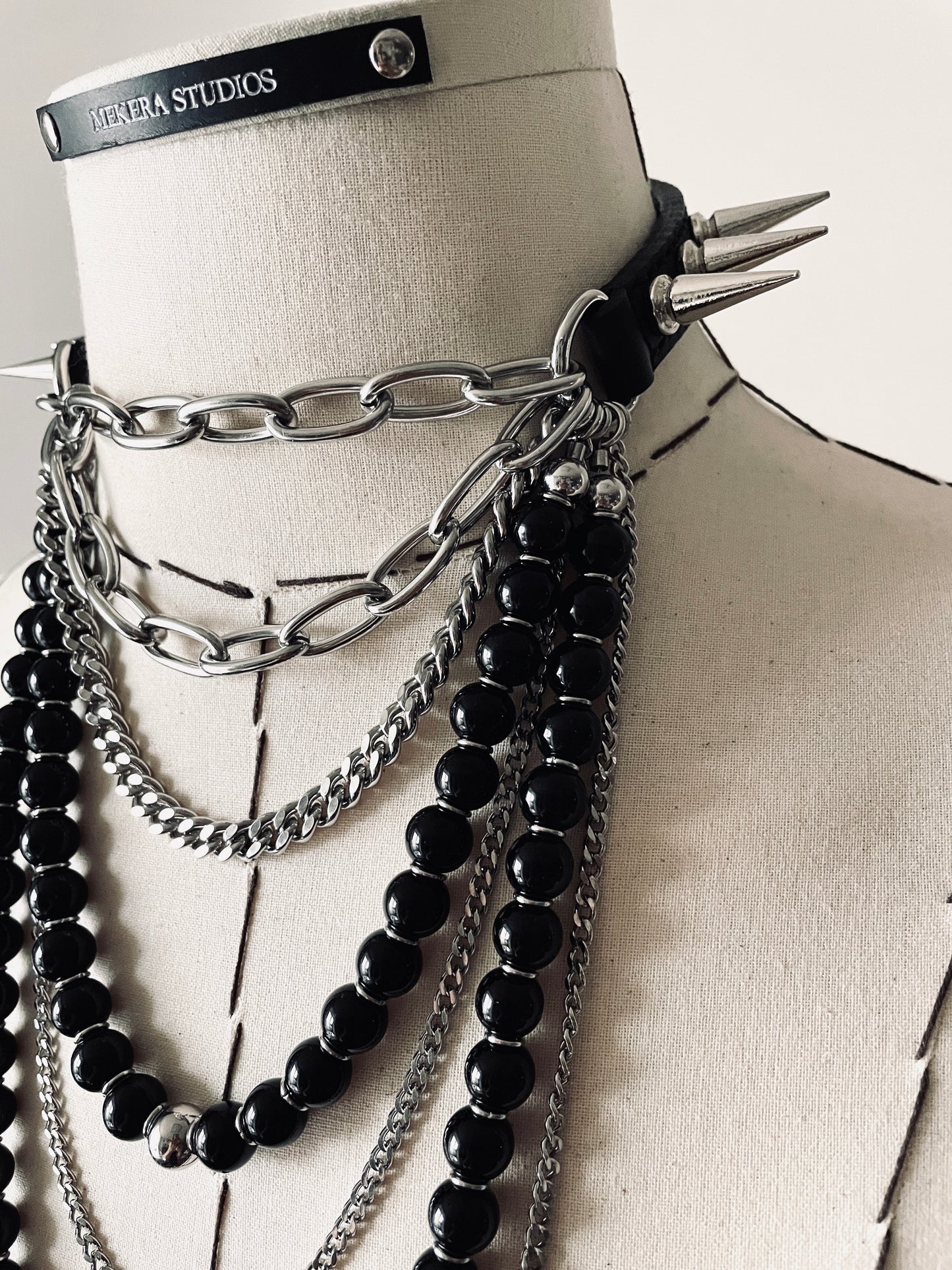 LS5-Spike Choker Onyx Limited Edition Handcrafted Necklace Leather Chain-MEKERA STUDIOS