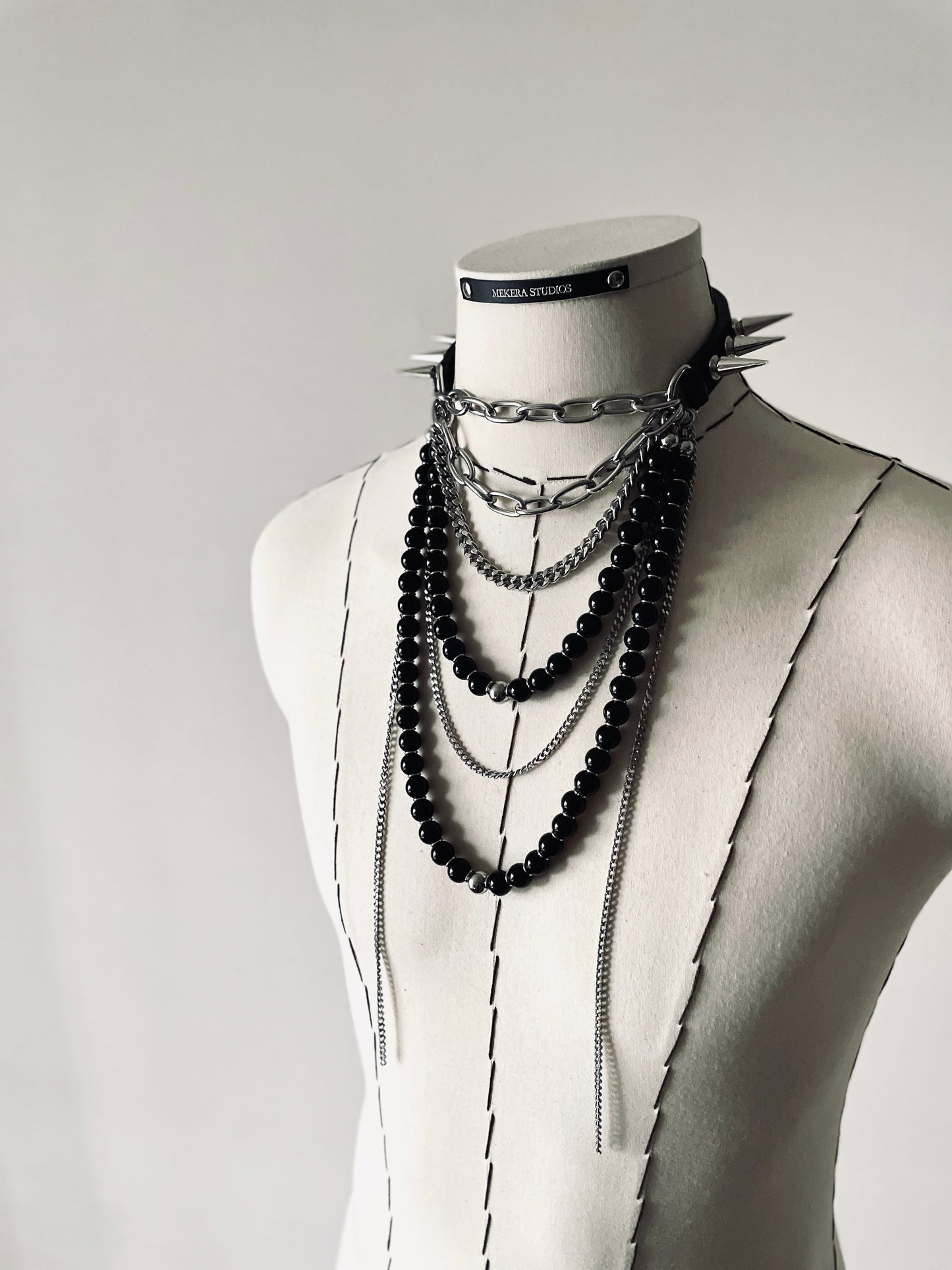 LS5-Spike Choker Onyx Limited Edition Handcrafted Necklace Leather Chain-MEKERA STUDIOS