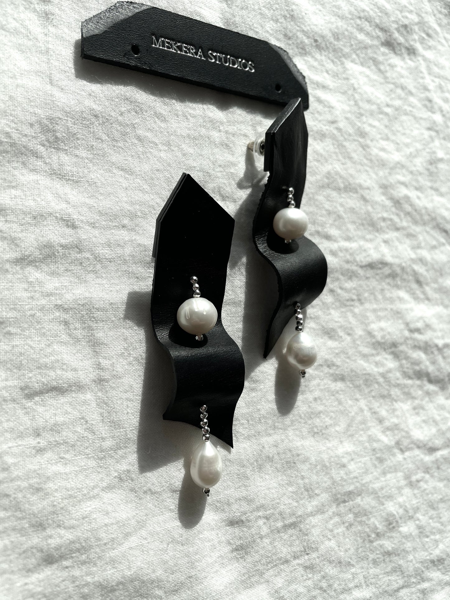 Ear Couture collection EC-5 Pearl & Leather earrings Limited Edition Handcrafted - MEKERA STUDIOS