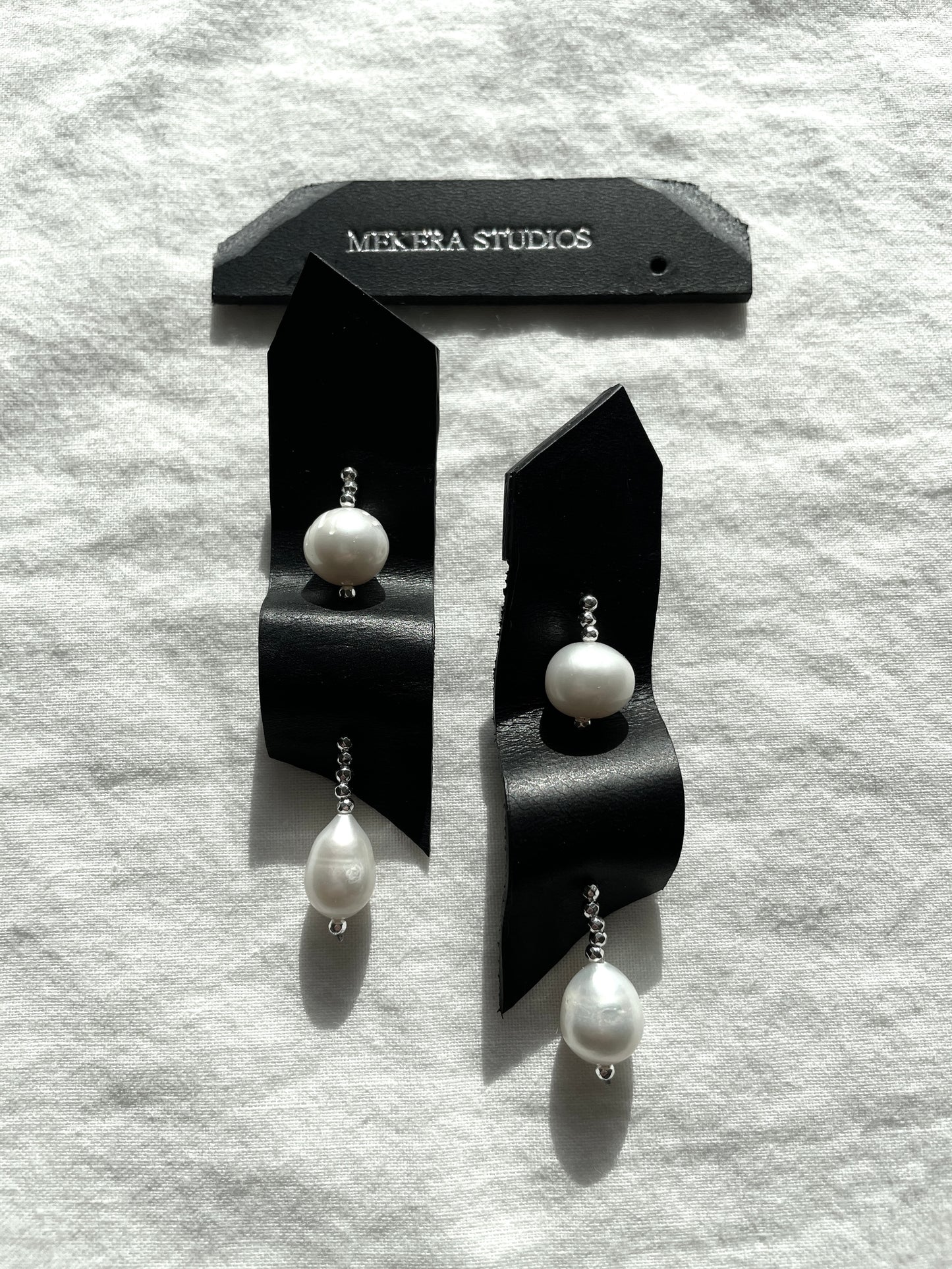 Ear Couture collection EC-5 Pearl & Leather earrings Limited Edition Handcrafted - MEKERA STUDIOS