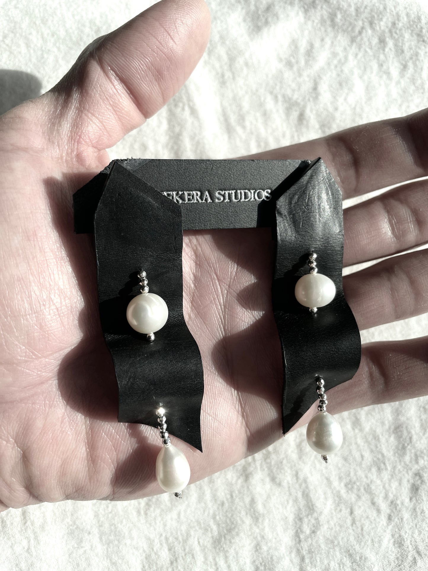 Ear Couture collection EC-5 Pearl & Leather earrings Limited Edition Handcrafted - MEKERA STUDIOS