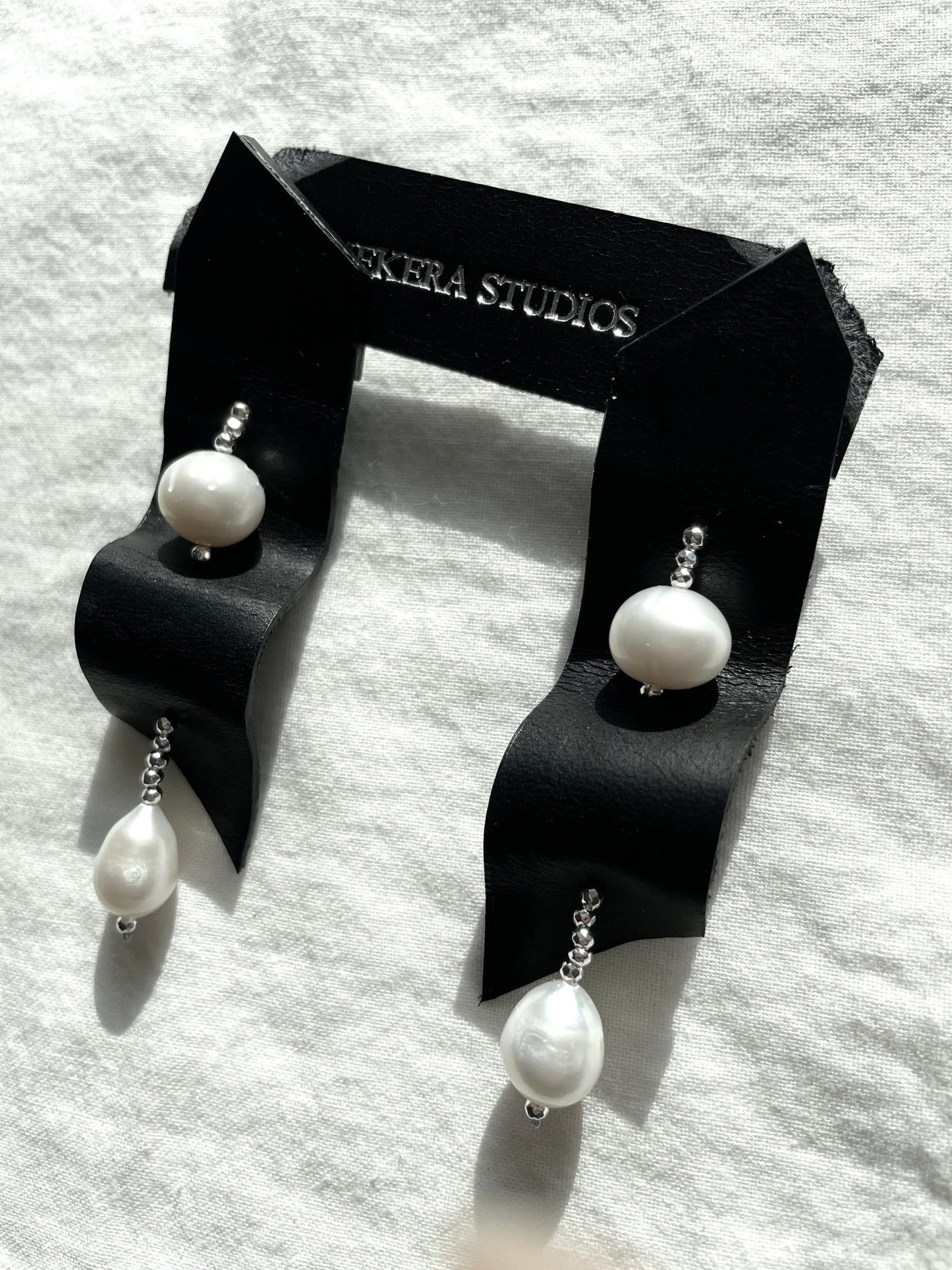 Ear Couture collection EC-5 Pearl & Leather earrings Limited Edition Handcrafted - MEKERA STUDIOS