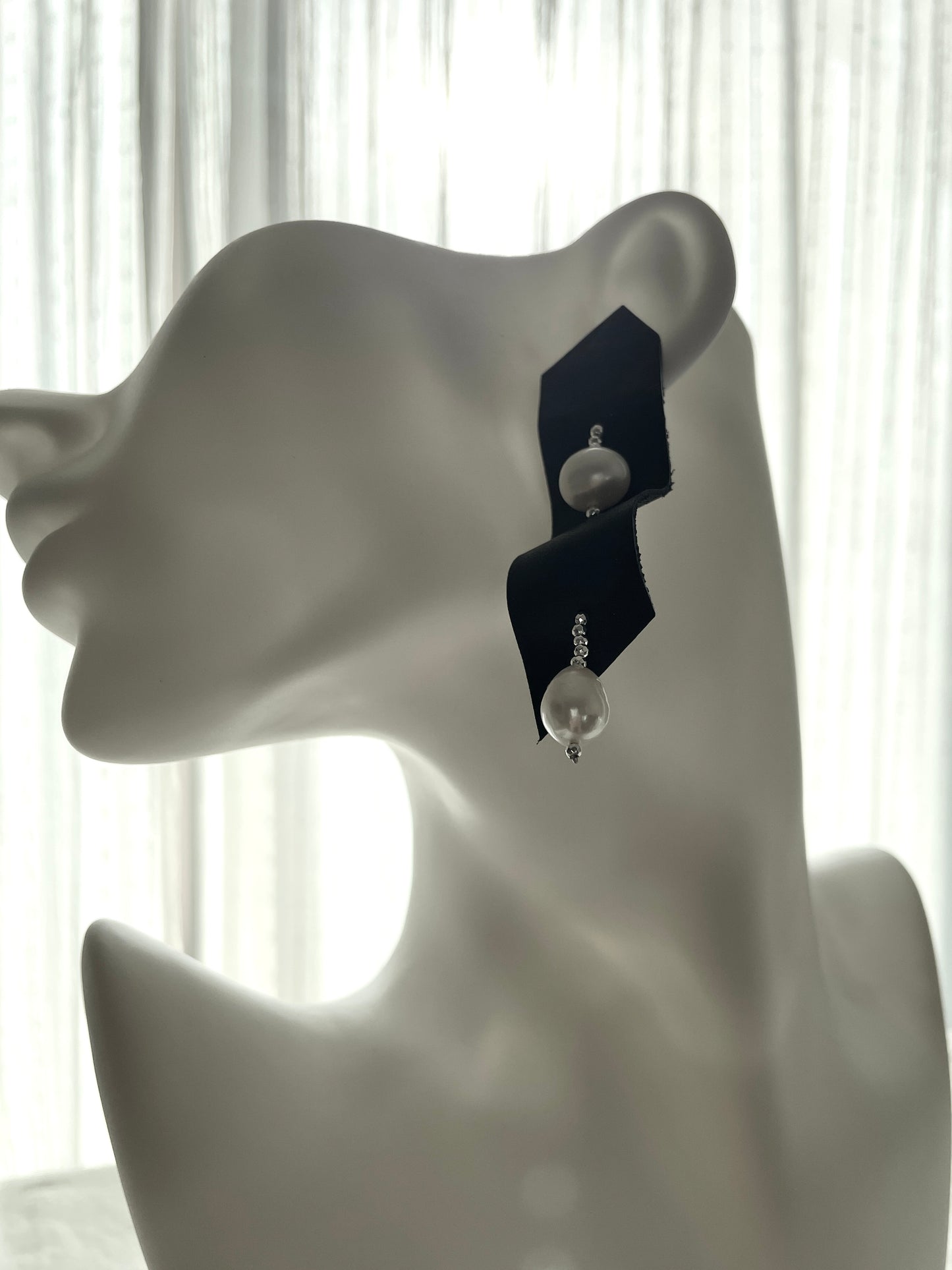 Ear Couture collection EC-5 Pearl & Leather earrings Limited Edition Handcrafted - MEKERA STUDIOS