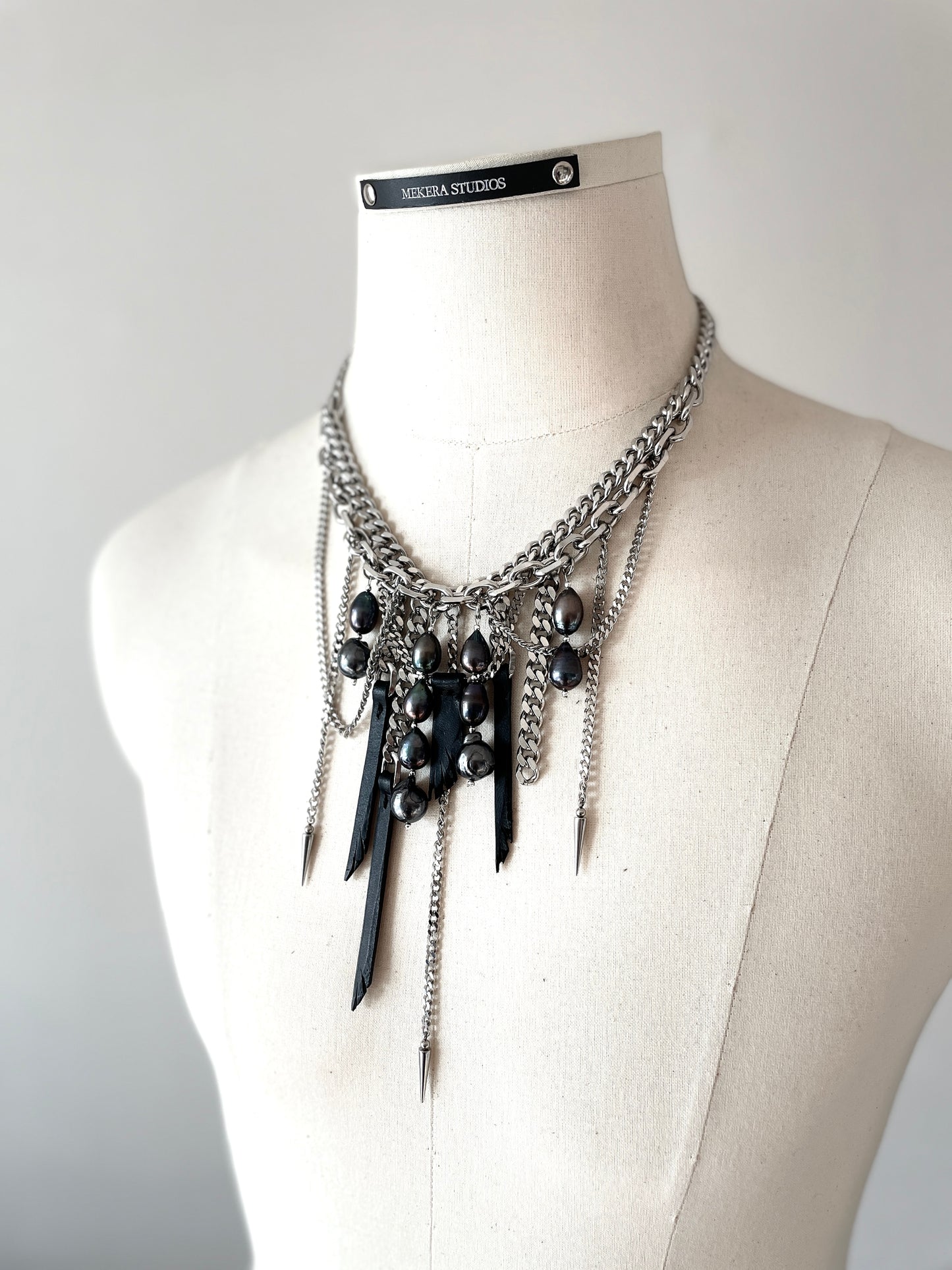 Wings6 - SOAR collection Black Pearl Spike Leather Necklace Limited Edition Handcrafted - MEKERA STUDIOS