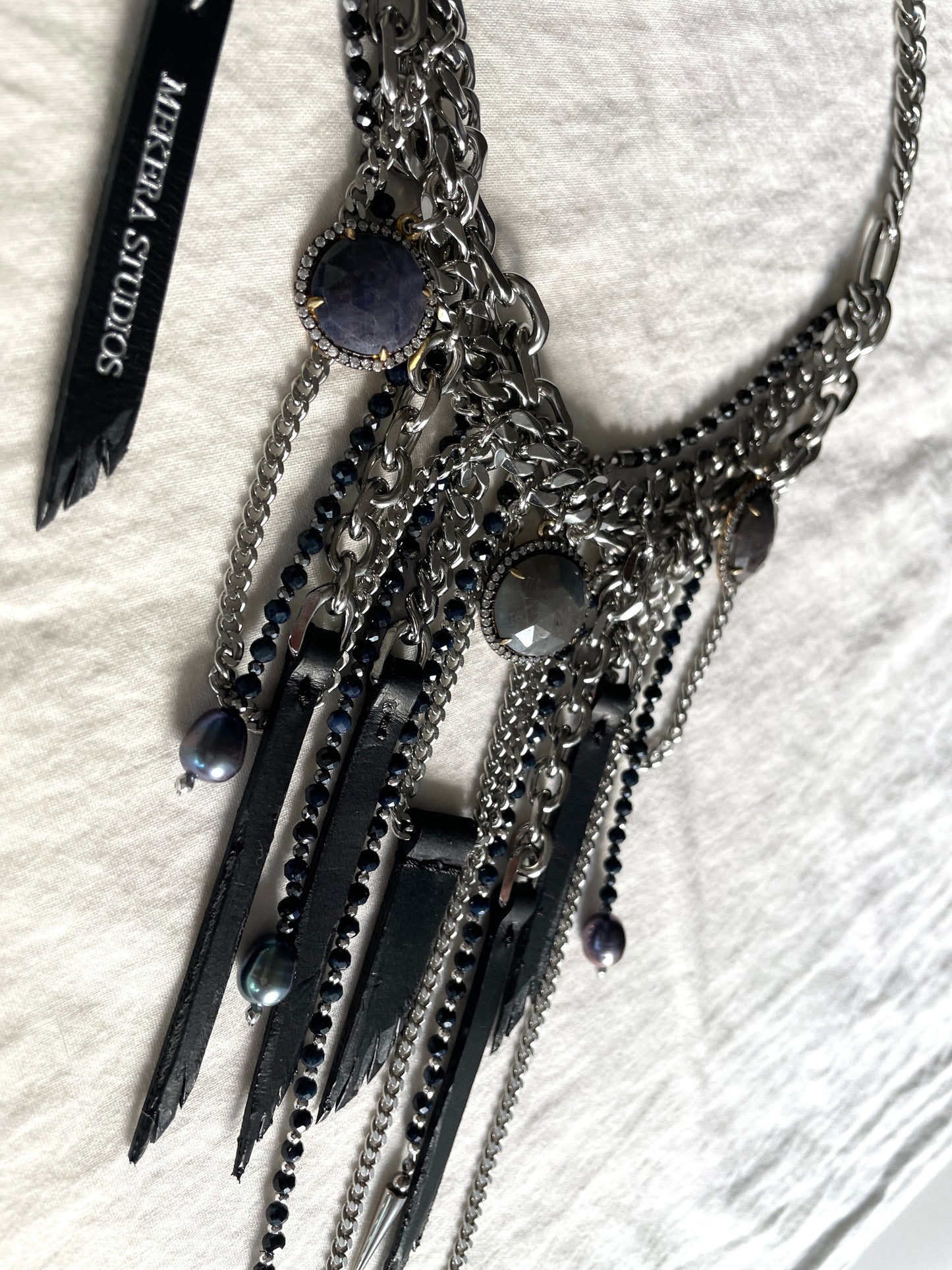 Wings7 - SOAR collection Sapphire Black Pearl Spike Leather Necklace Limited Edition Handcrafted - MEKERA STUDIOS